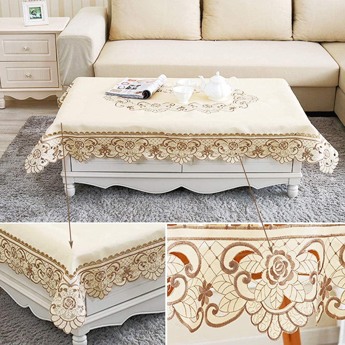 Lelehome 68 Inch X 120 Inch Oblong Flowers Embroidered Tablecloth, Vintage Classic Lace Brown Floral Beige Table Cloth For Home