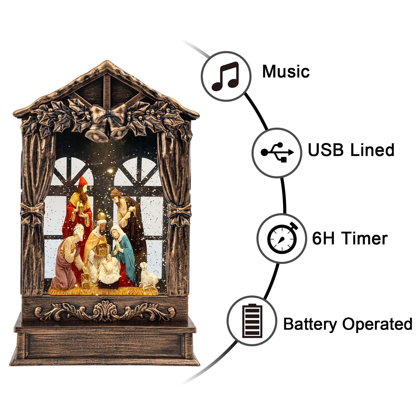 Three Kings Three Saints Window Christmas Snow Globe Swirling Glittering Nativity Figurines Manger Scene, USB Lined/Battery Oper