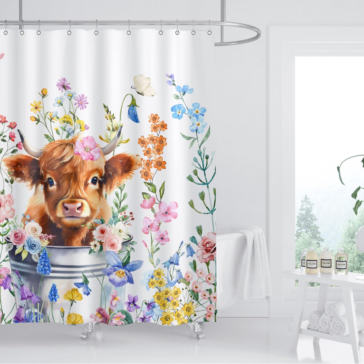 Zxmbf Cute Highland Cow Shower Curtain Watercolor Floral Spring Wildflower Funny Western Cattle Farm Animal Home Bathroom Decor