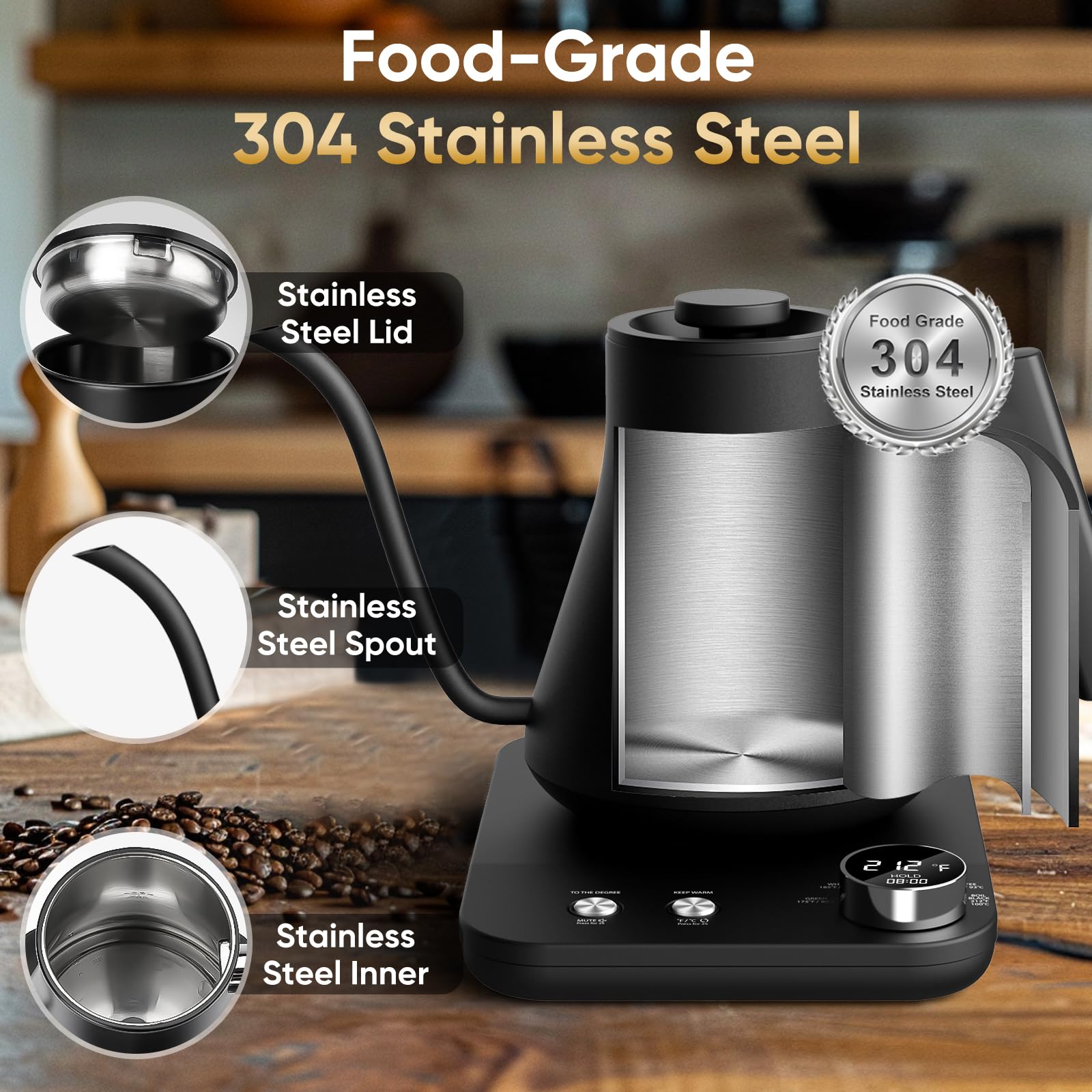 Cozii Gooseneck Electric Kettle, 5 Presets & 1? Temperature Control 1200W Quick Heating Water Boiler For Coffee/Tea, 24H Keep Wa