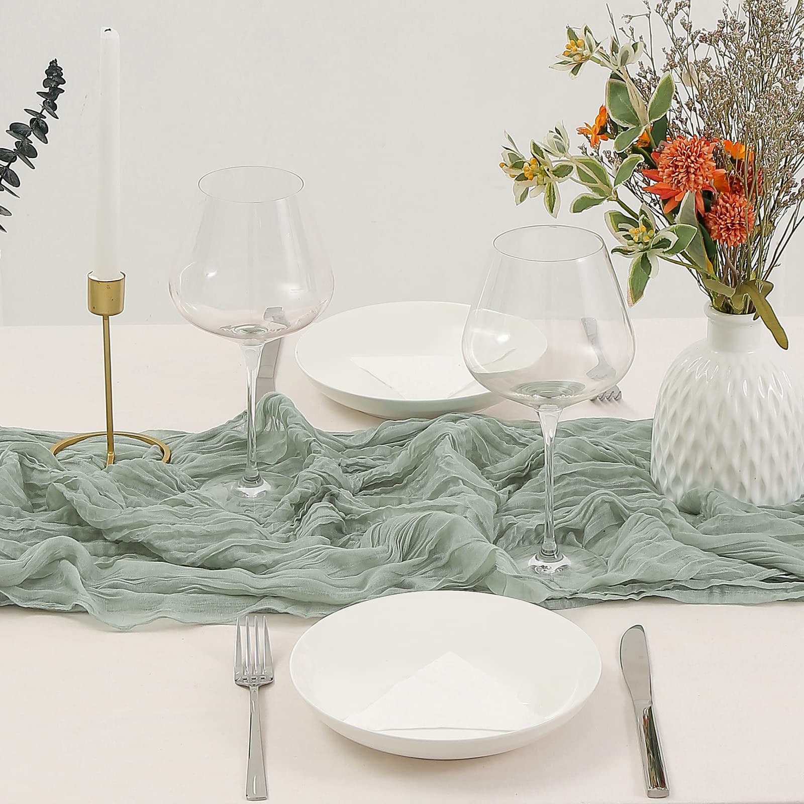 Dolopl 8Pcs Sage Green Cheesecloth Table Runner Bulk 13.3Ft Boho Gauze Cheese Cloth Table Runner Rustic Sheer Runner 160Inch Lon