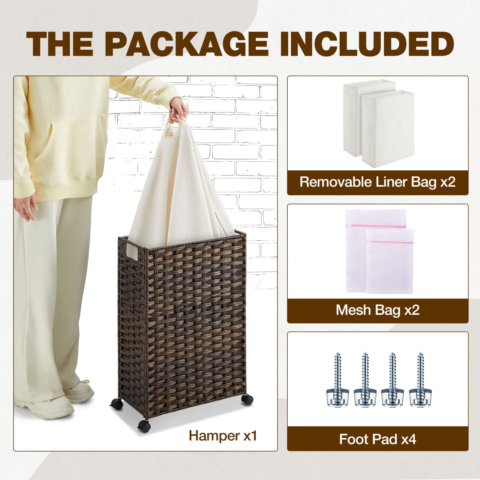 Greenstell Laundry Hamper With Wheels, 45L Slim Laundry Basket With 2 Removable Liner Bags & 2 Mesh Bags, Narrow Dirty Clothes B
