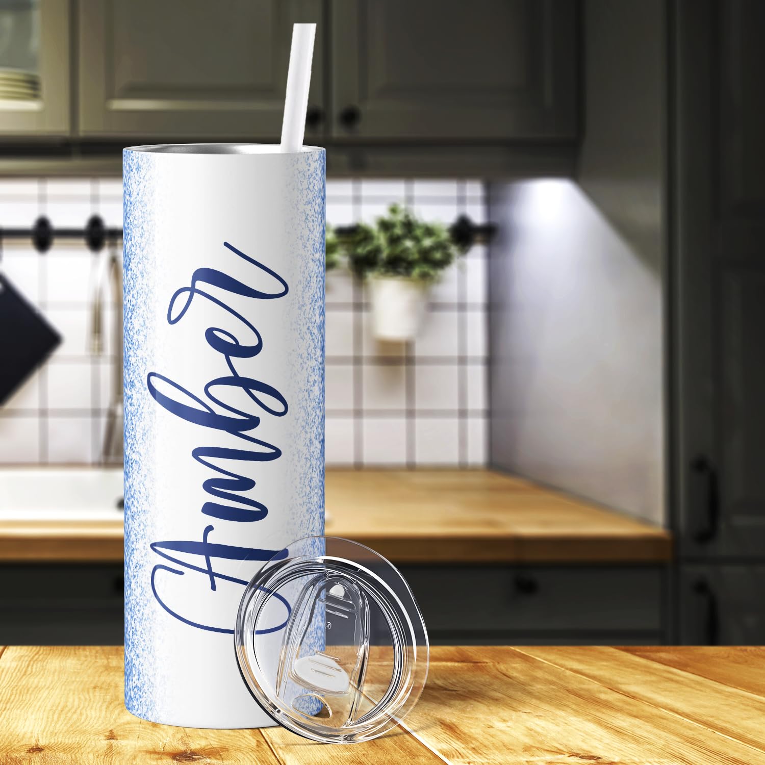 Personalized Tumblers With Straw And Lid Laser Engraved Name On Midnight Gloss 20 Oz Stainless Steel Skinny Custom Cups For Wome