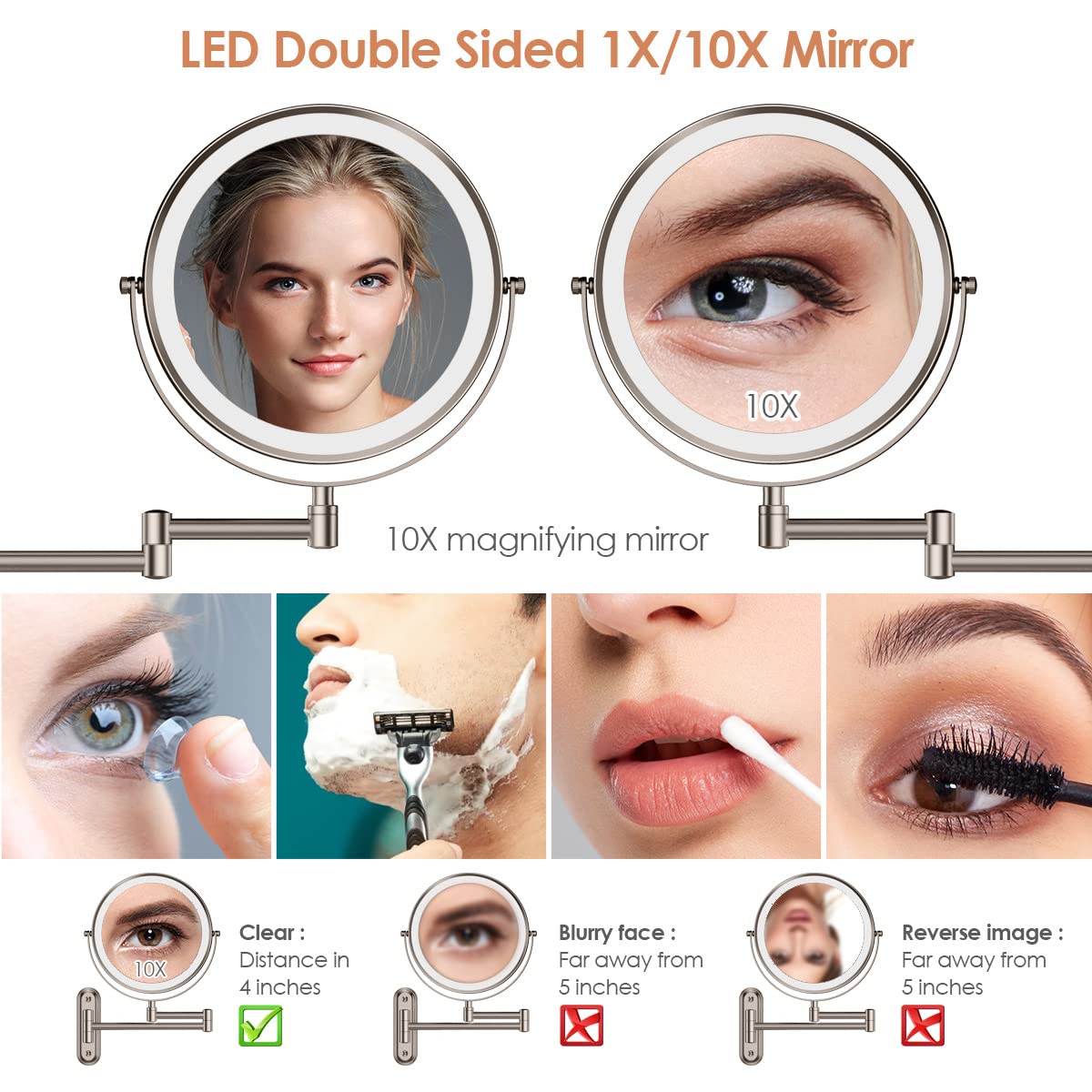 Rocollos Two-Fingers-Width Narrow Base Rechargeable Wall Mounted Lighted Makeup Mirror,3 Color Lights Dimmable Touch Screen,8 In