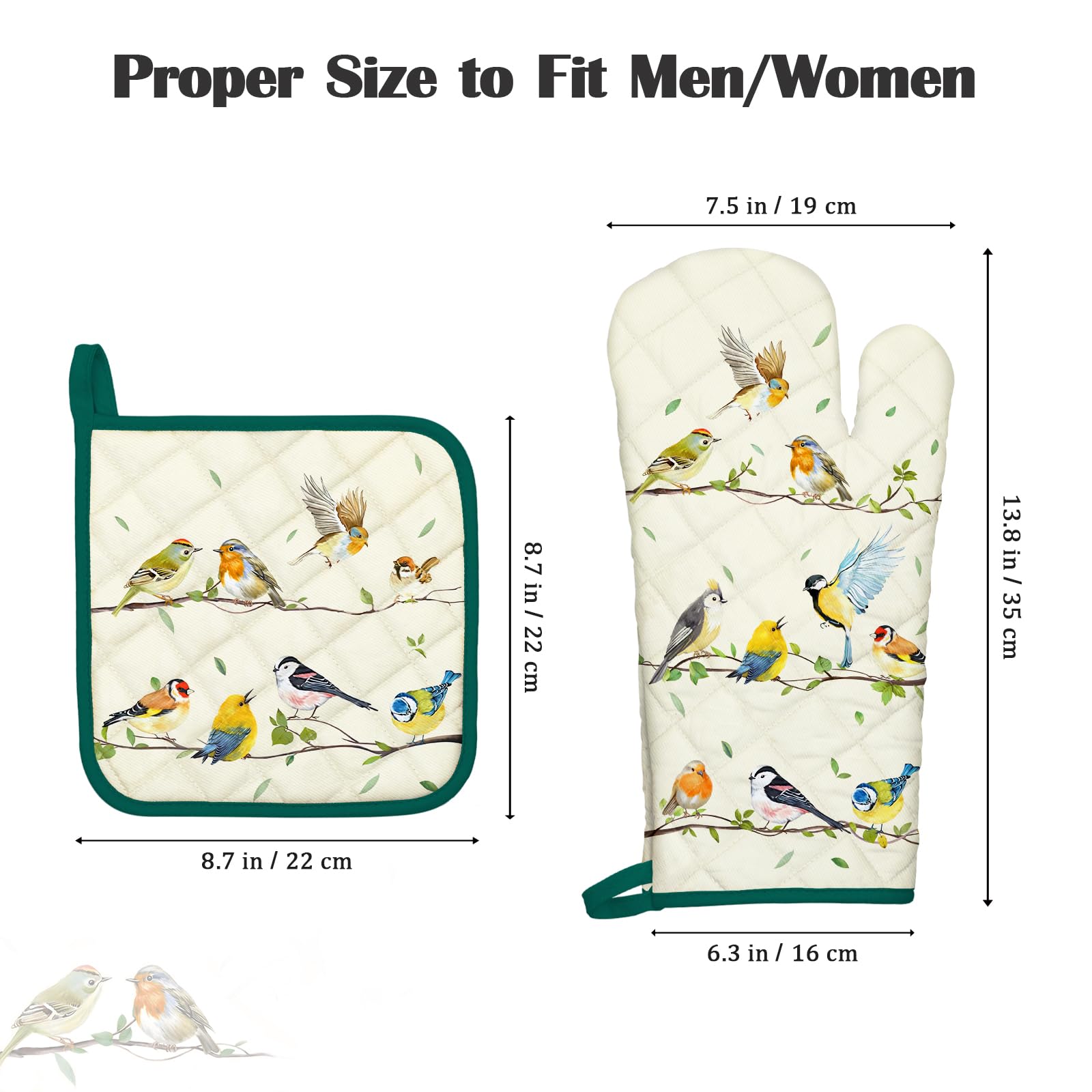 Arquiel Bird Branch Oven Mitts And Pot Holders Sets 2Pcs, 100% Cotton Heat Resistant, Extra Long Oven Gloves Potholder For Kitch