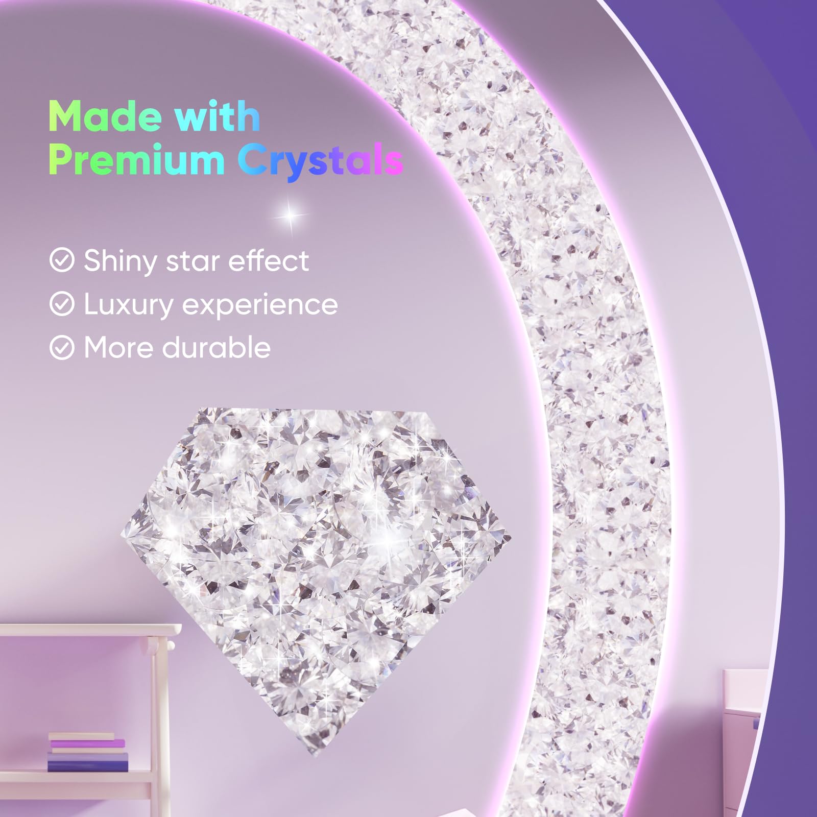 Besmirror 28''X28'' Heart Shaped Mirror Crushed Diamond, Rgbwy Led Heart Vanity Mirror With Lights, 3 Lighting Modes And 8 Stati