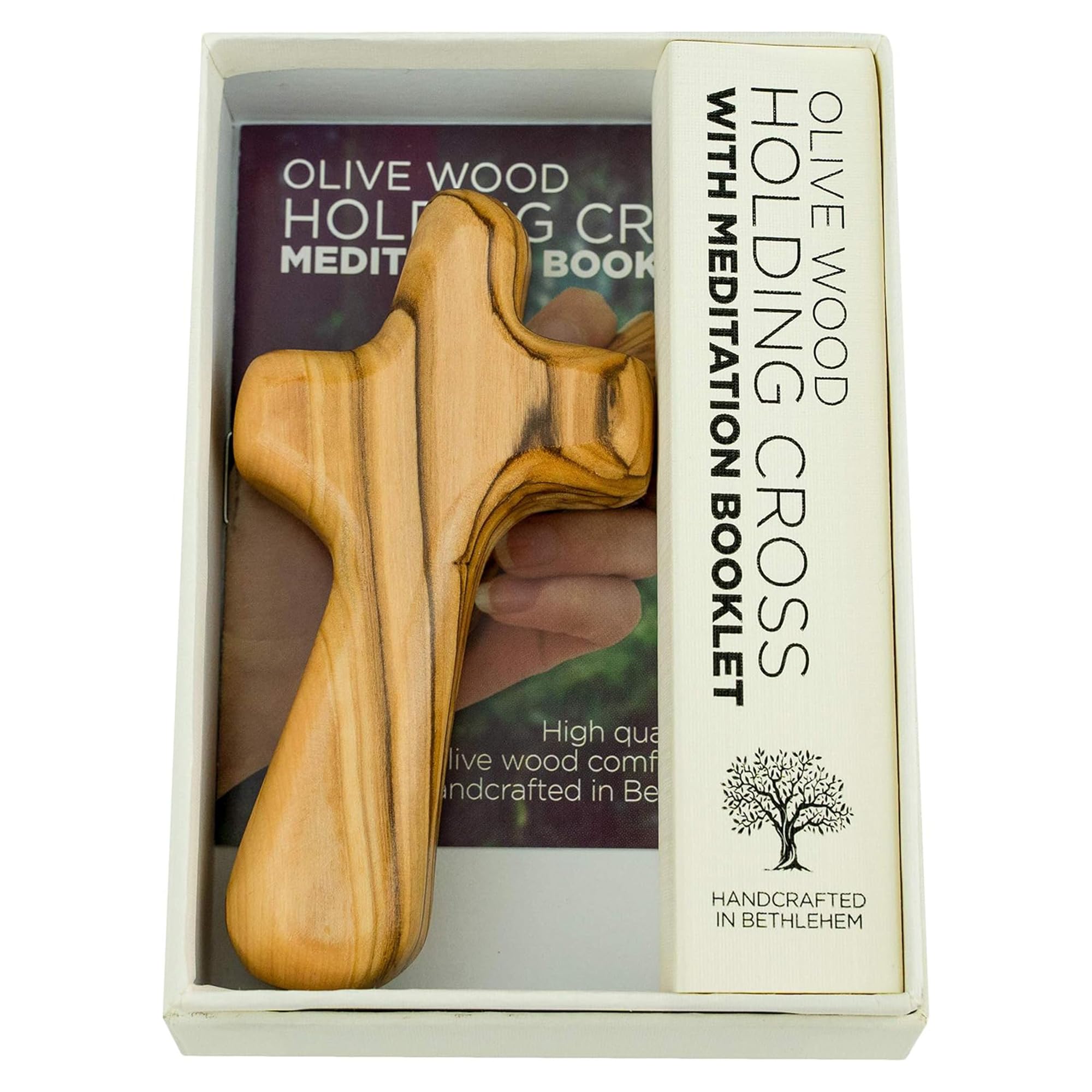 Deluxe Holding Cross Prayer Cross for Hand w/ Gift Box - Holy Land Olive Wood Cross - Large Comfort Cross Pocket Cross, Meditati