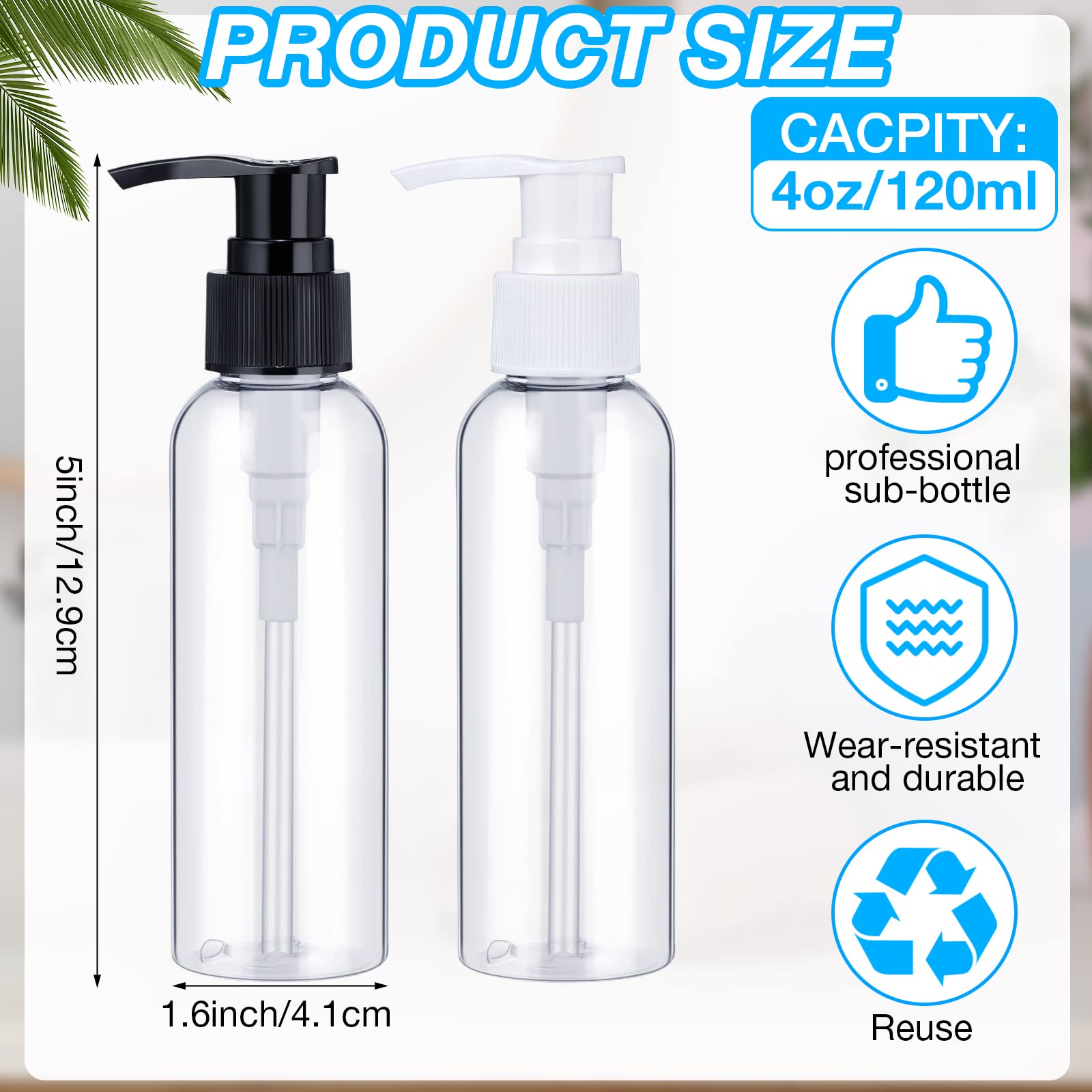 Nuenen 48 Pcs Refillable Empty Lotion Bottles 4Oz/120Ml Clear Plastic Pump Bottles Conditioner Shampoo Pump Dispenser Leak Proof