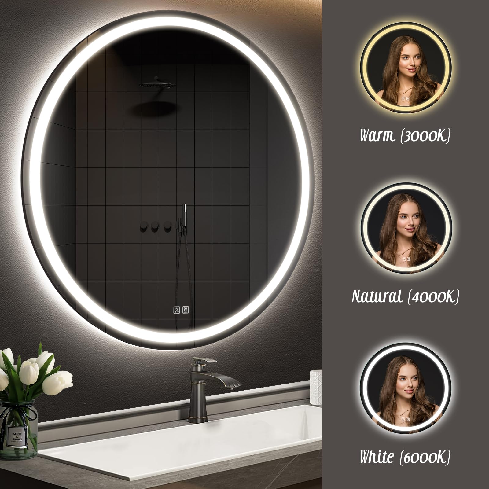 Aprilsoul 28 Inch Round Led Bathroom Mirror With Lights, Makeup Mirror With Front And Backlit, Anti-Fog, 3 Colors And Dimmable L