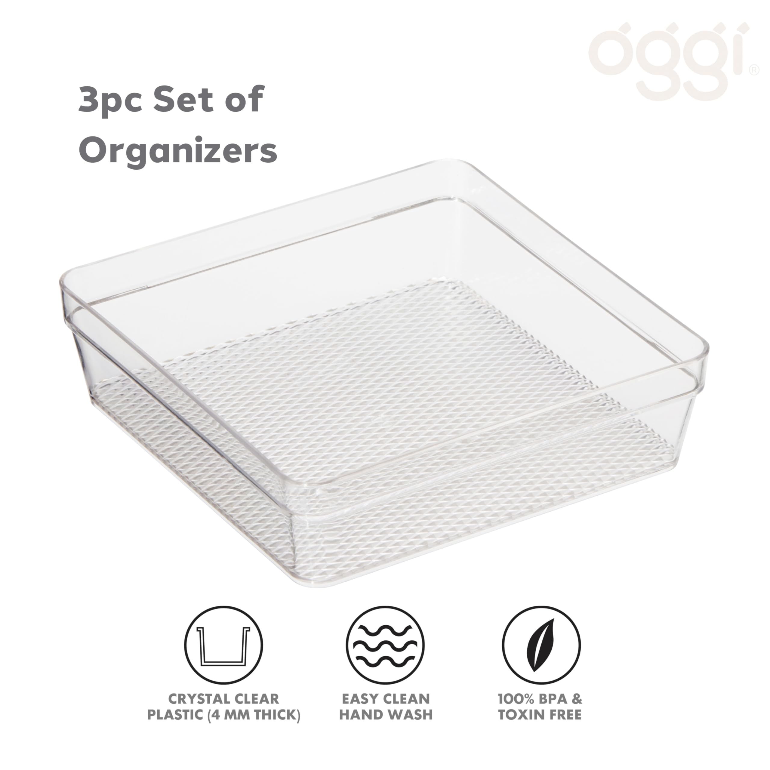 Oggi Set Of 3 Clear Drawer Organizers - (1) 6X6.25, (1) 6.25X9.25, (1) 6.25X15.75 - Ideal For Organizing Kitchen Drawers, Office