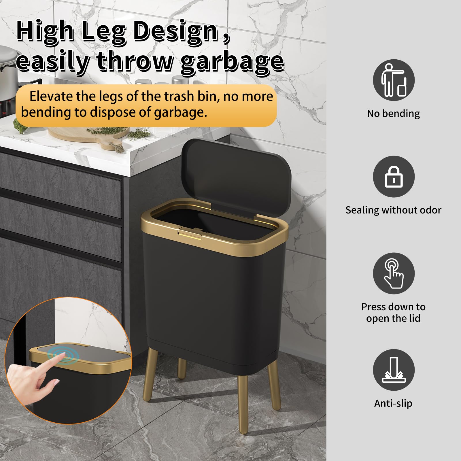 Procade Office Trash Can With Lid, Black Bathroom Trash Can With Gold Edge, Modern Narrow Garbage Can With Legs, Slim Plastic Tr