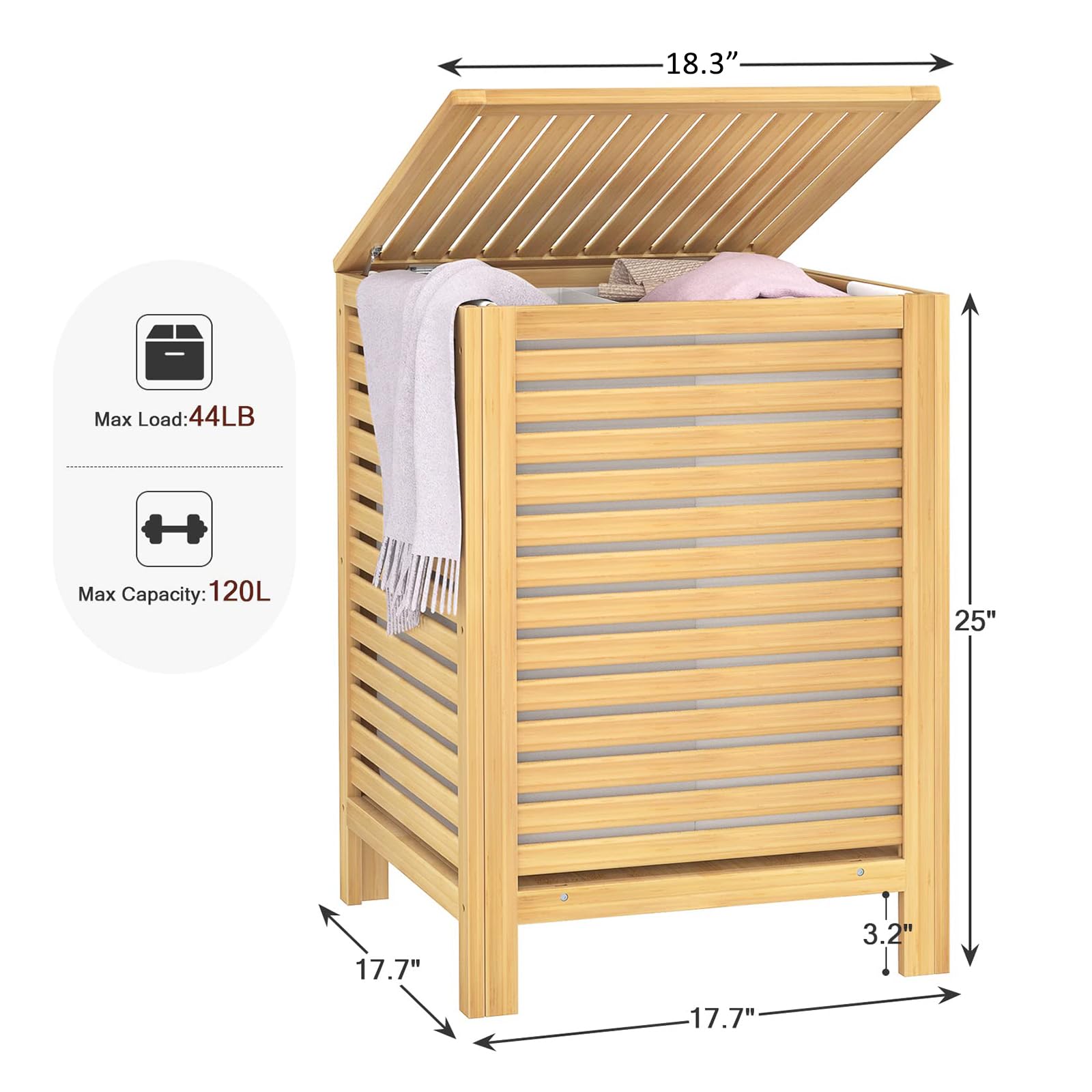 Homykic Bamboo Laundry Hamper  2-Section 120L Laundry Hamper with Lid and Removable Liner Bag  Large Raised Laundry Basket Sorter?for Clothes  Bathroom  Bedroom  Easy to Assemble  Natural