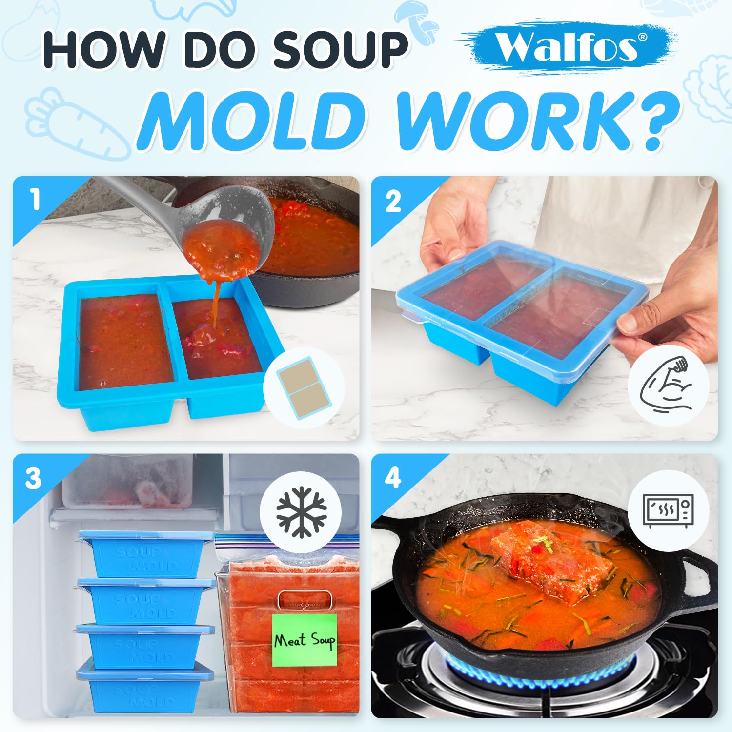 Walfos Silicone Soup Freezer Container, 1-Cup Cube Tray with Lid, 3 Pcs, Ideal for Freezing Soup, Broth, and Sauce