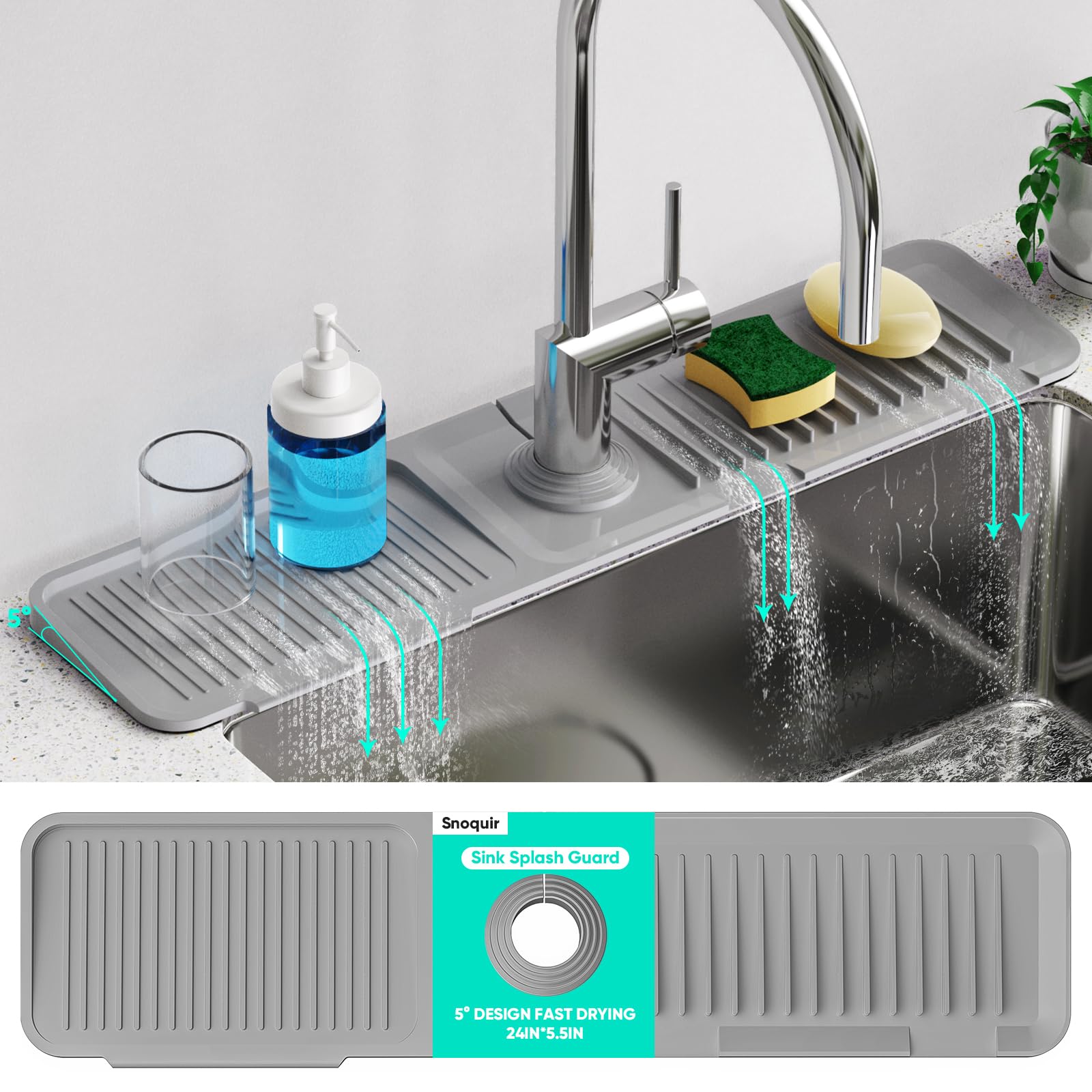 24 Inch Longer Faucet Mat for Kitchen Sink [5?Slope Fast Self-draining]Bathroom Kitchen Sink Splash Guard Silicone Sink Faucet M