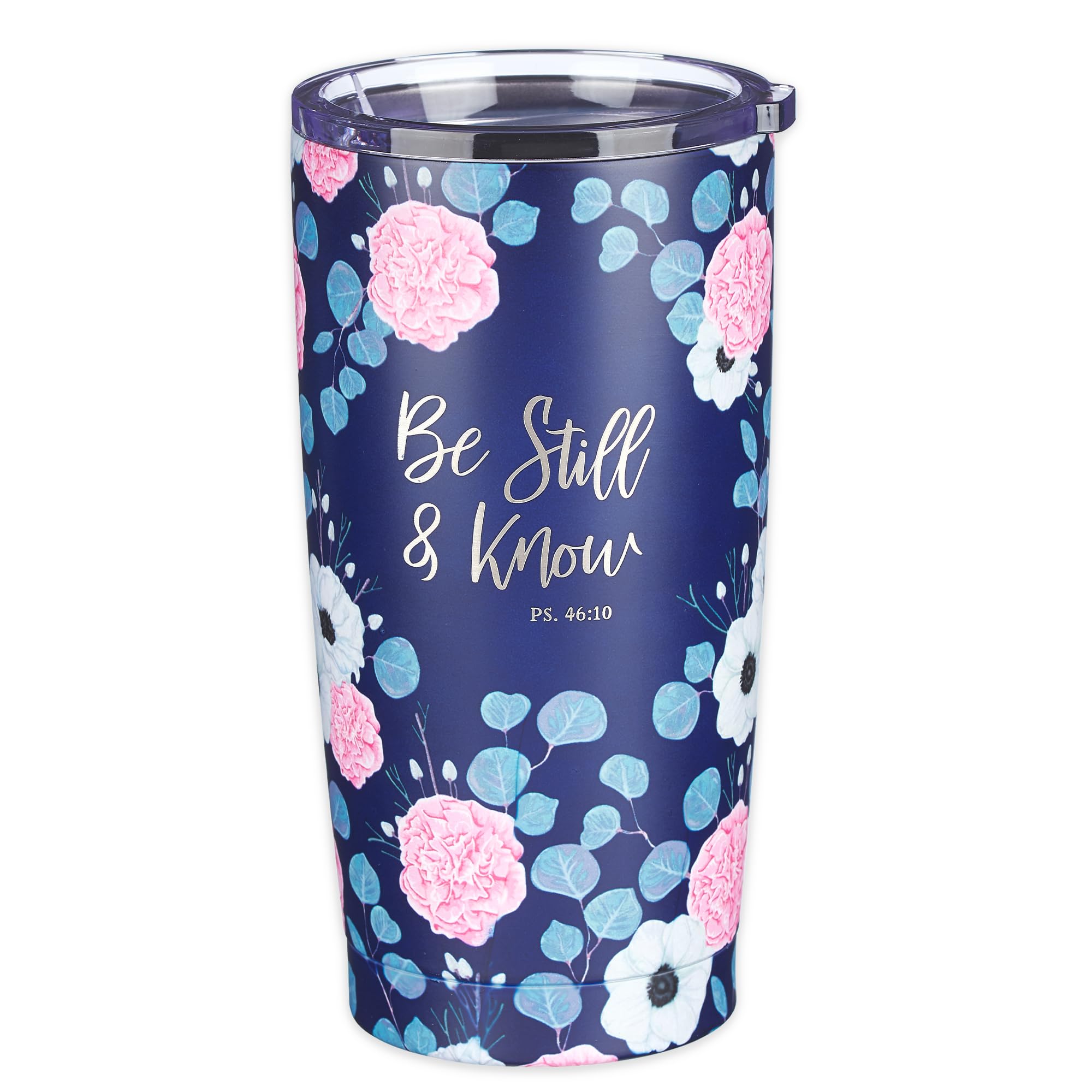 Christian Art Gifts Stainless Steel Double-Wall Vacuum Insulated Travel Mug 18 Oz Navy Blue With Pink Floral Tumbler With Lid Fo