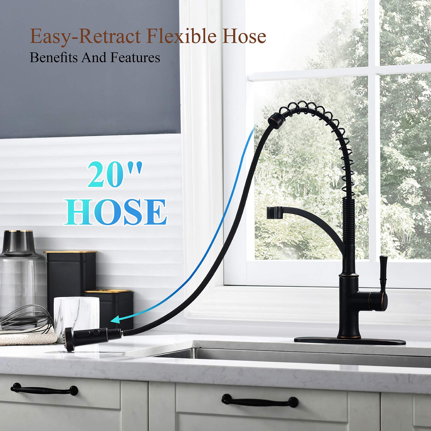 GUUKAR Bronze Kitchen Faucet with Pull Down Sprayer  Oil Rubbed Bronze Single Handle High Arc Commercial Farmhouse Kitchen Sink Faucet with Deck Plate