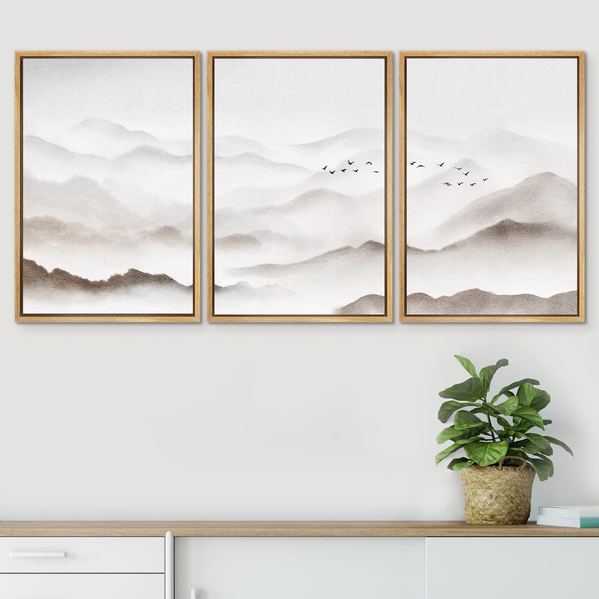 Signwin Framed Canvas Print Wall Art Set Foggy Watercolor Mountain Range Sky Nature Wilderness Illustrations Modern Art Decorati