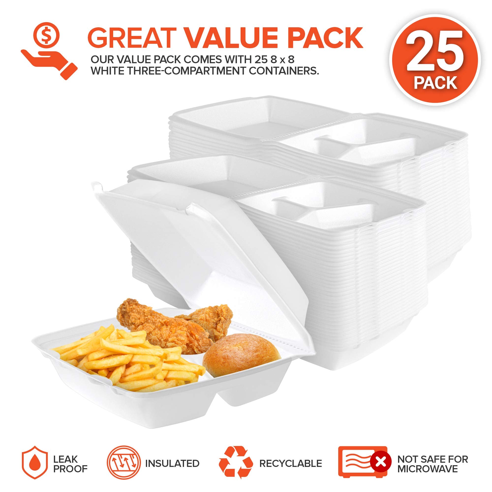 Stock Your Home 8X8 Clamshell Take Out Boxes (25 Pack) Medium 3-Compartment Foam Food Containers Disposable Lunch Container, Res