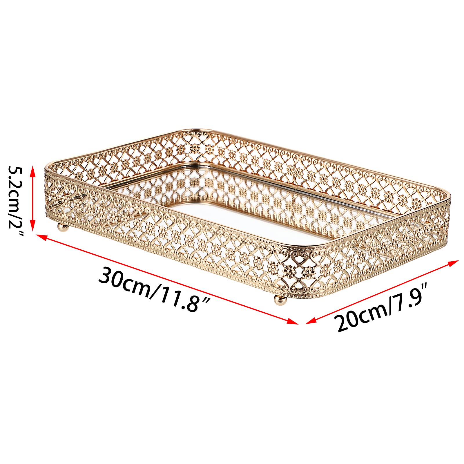 Elldoo Perfume Tray Mirror Tray Makeup Vanity Tray Hollow-Carved Jewelry Tray Glass Metal Trinket Storage Tray Home Organizer De