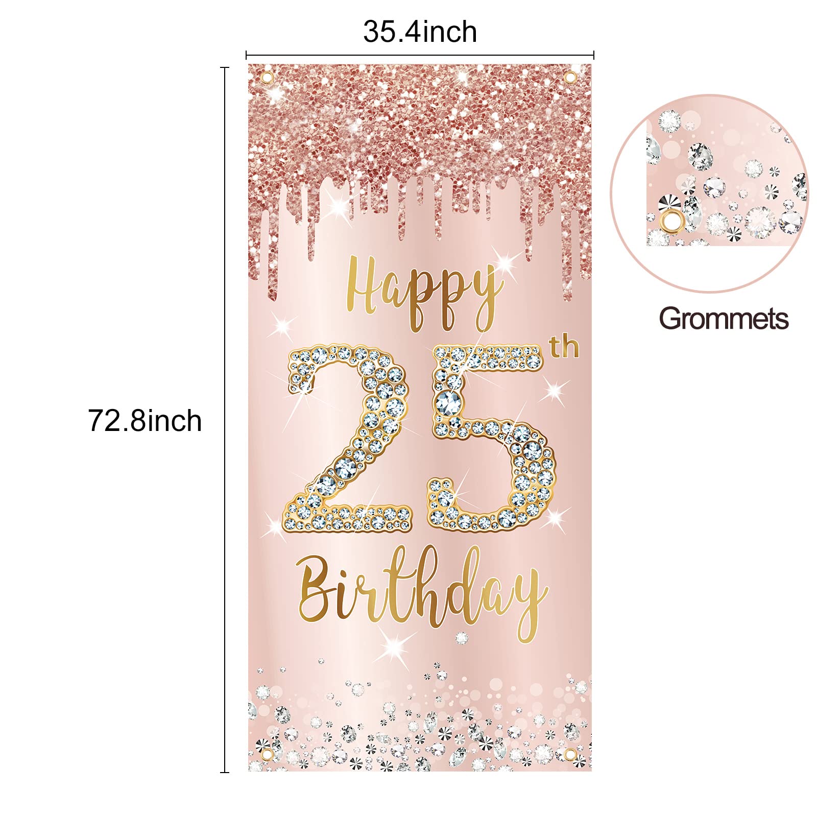 25Th Birthday Door Banner Decorations For Women, Pink Rose Gold Happy 25 Birthday Backdrop Sign Party Supplies, Large 25 Year Ol