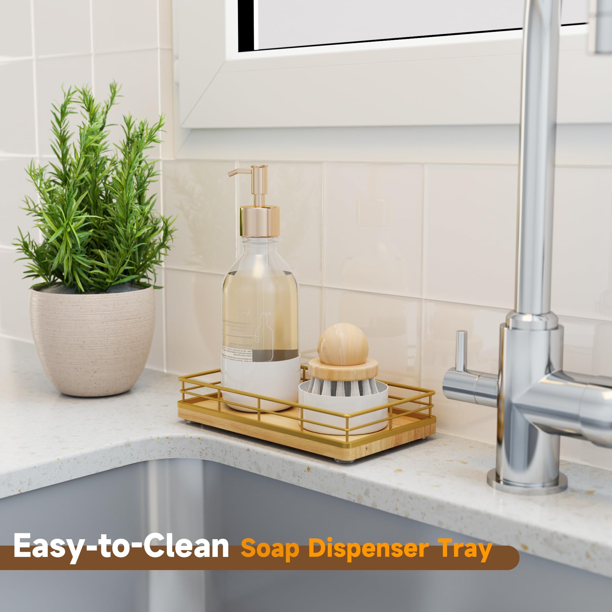 Oak Kitchen Soap Tray, 7'' Small Wooden Hand And Dish Soap Mouthwash Dispenser Tray For Sink Countertop Dining Room Salt Pepper