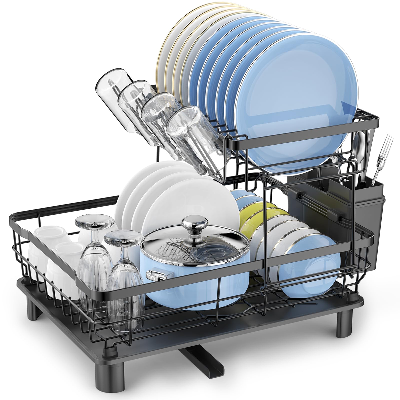 Dmtxcrp Dish Drying Rack, Space Saving & Durable, Rust-Proof Large 2 Tier Stainless Steel Dish Racks For Kitchen Counter With Cu