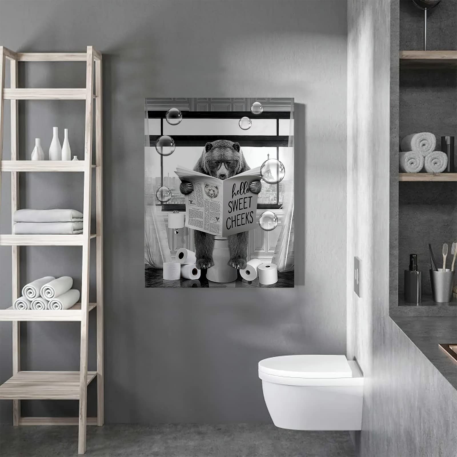 Funny Bear Wall Art Black And White Bear Bathroom Print Farmhouse Bathroom Animals Wall Decor Bear Sitting In Toilet Reading New