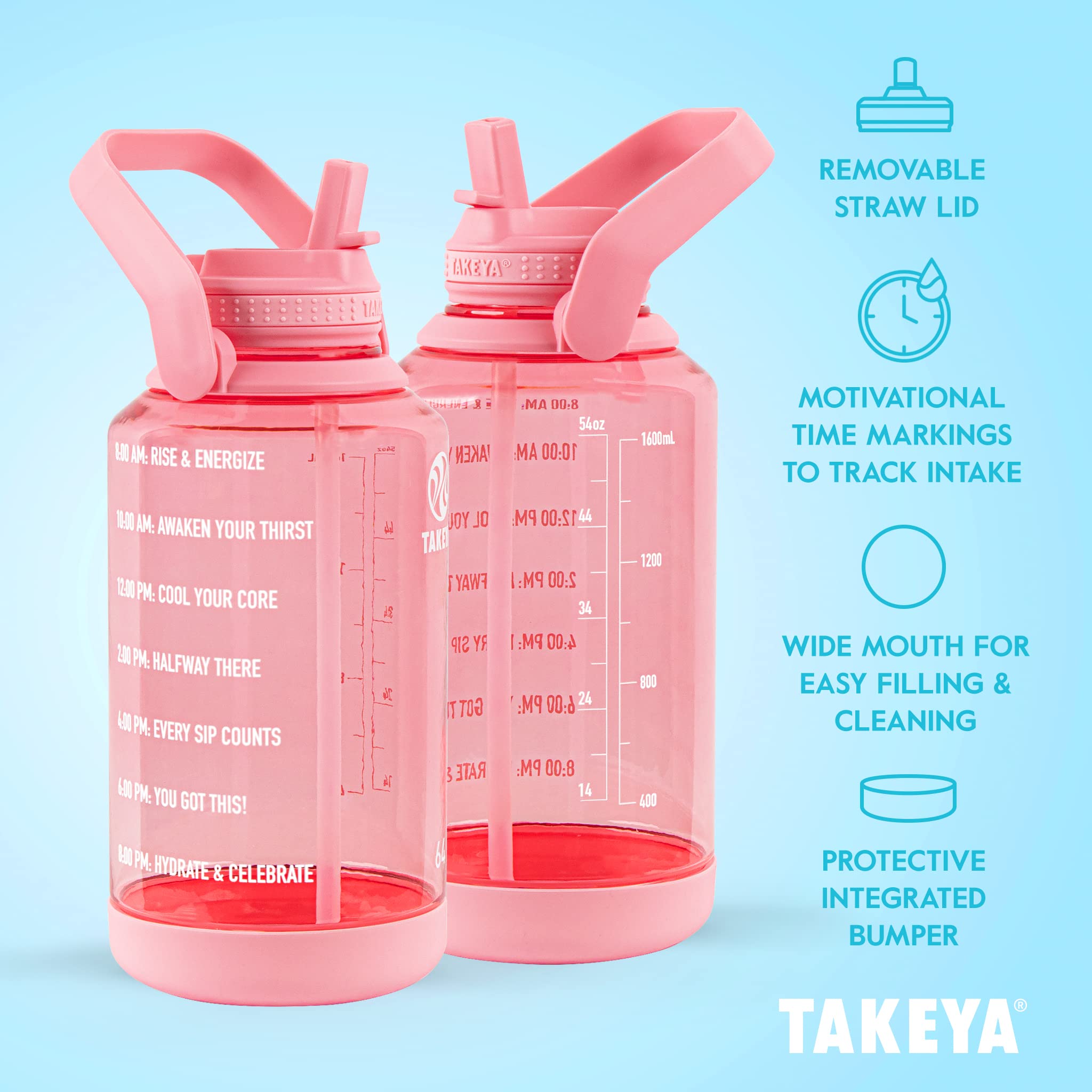 Takeya Premium Quality Motivational Water Bottle With Straw Lid, Times To Drink, Bpa Free Tritan Plastic, 64 Ounce, Flutter Pink