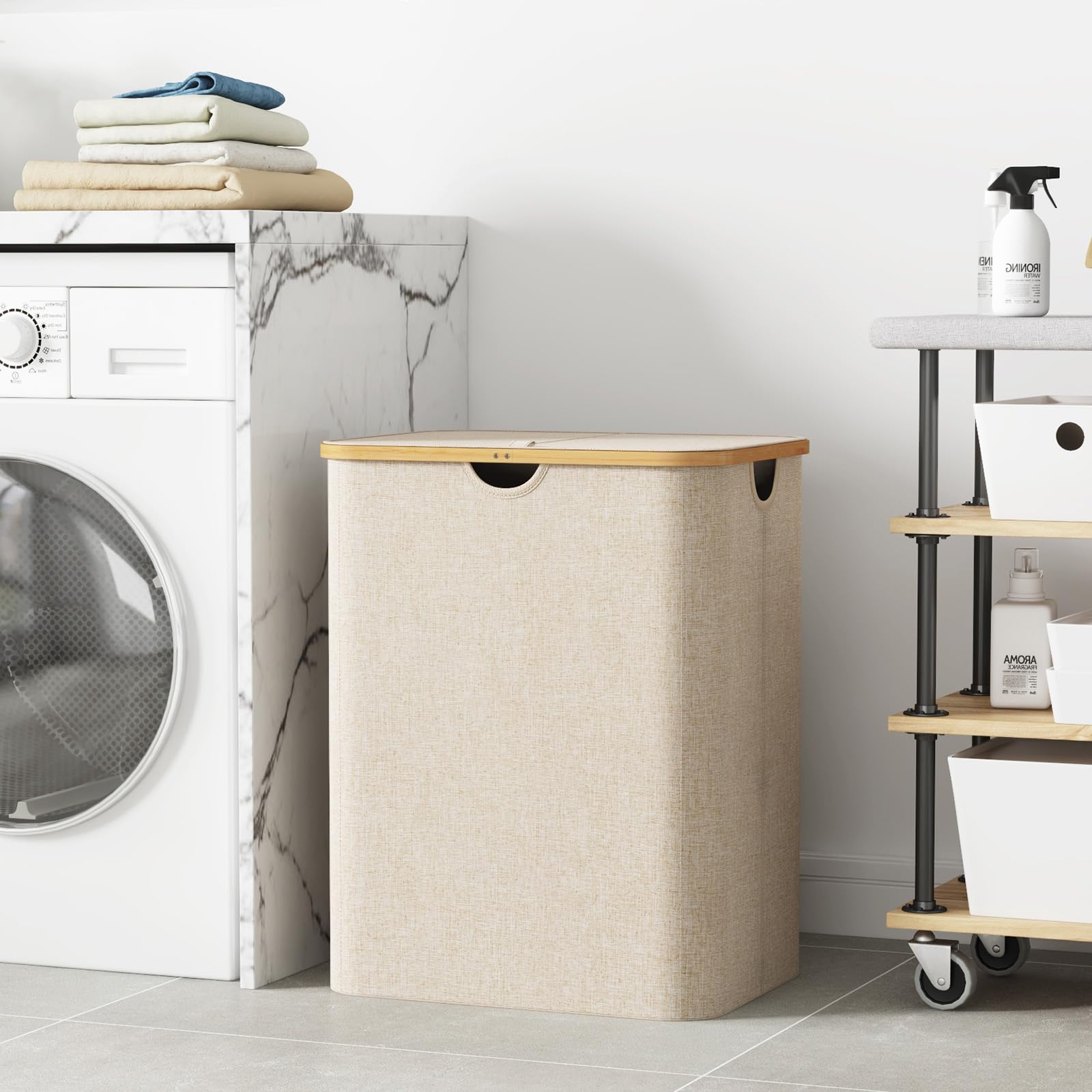 Lifewit 120L Large Laundry Hamper With Lid, Foldable 2 Section Laundry Basket With Bamboo Handles And Removable Bags For Laundry