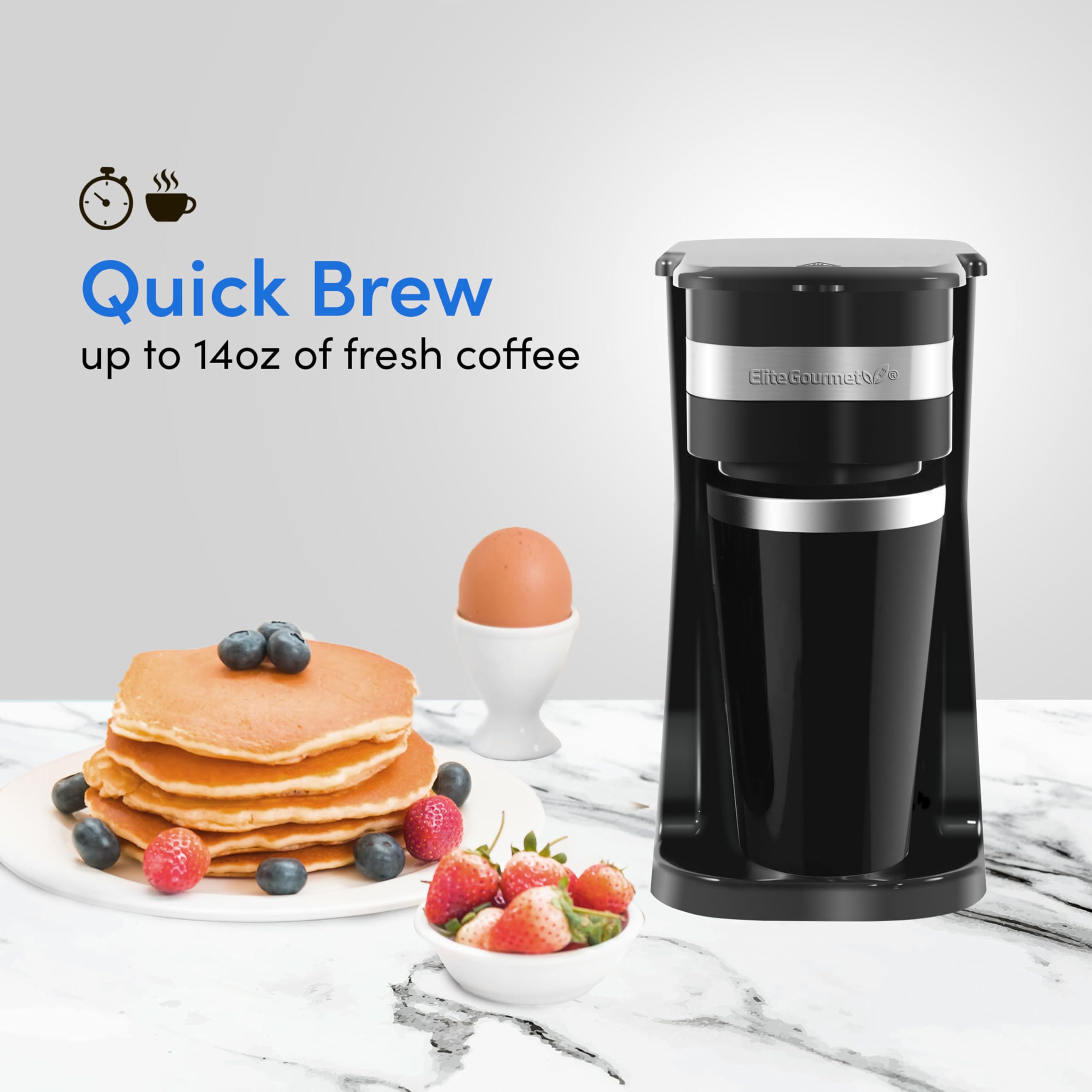 Elite Gourmet EHC111A Single-Serve Coffee Maker with 14Oz Stainless Steel Mug, Black, Compatible with Coffee Grounds, Reusable Filter