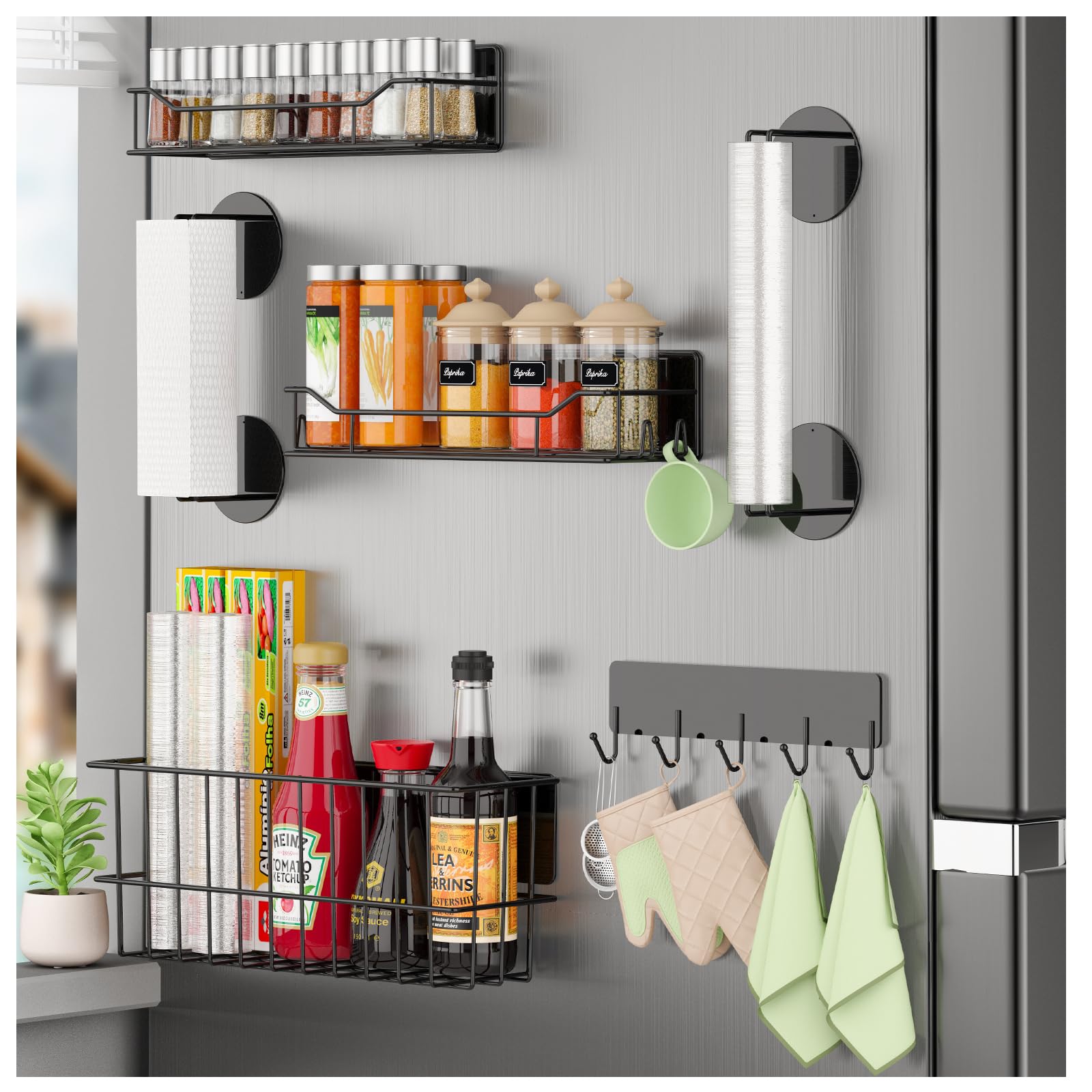 Minicloss Magnetic Spice Rack For Refrigerator, 6 Pack Magnetic Spice Rack With Magnetic Basket & Paper Towel Holder, Strong Mag
