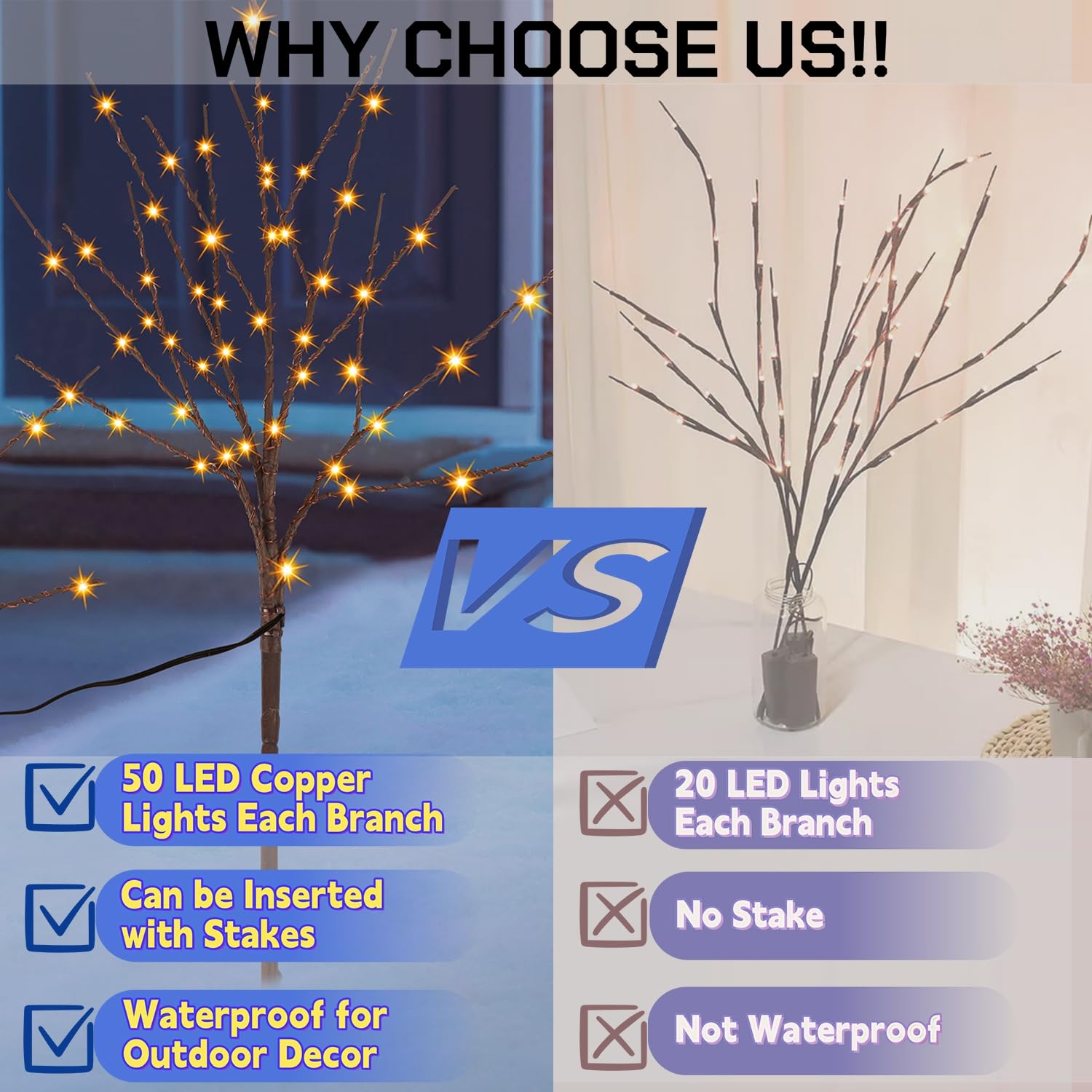 Lighted Christmas Tree Branches, 30IN 100LED Artificial Brown Twig Branch with Warm White Lights, Timer & Battery Operated, Wate