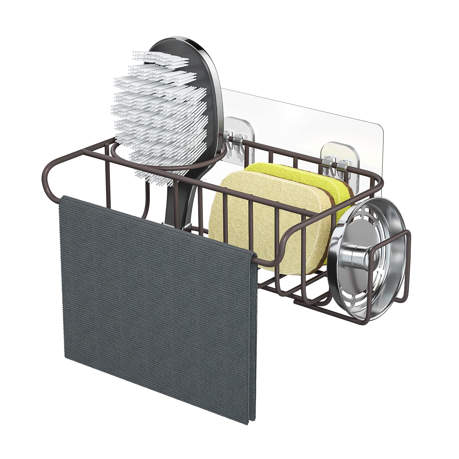 Hapirm 4 In 1 Adhesive Kitchen Sink Organizer, Sus304 Stainless Steel Brush Holder + Dish Cloth Hanger + Soap Rack + Sink Stoppe