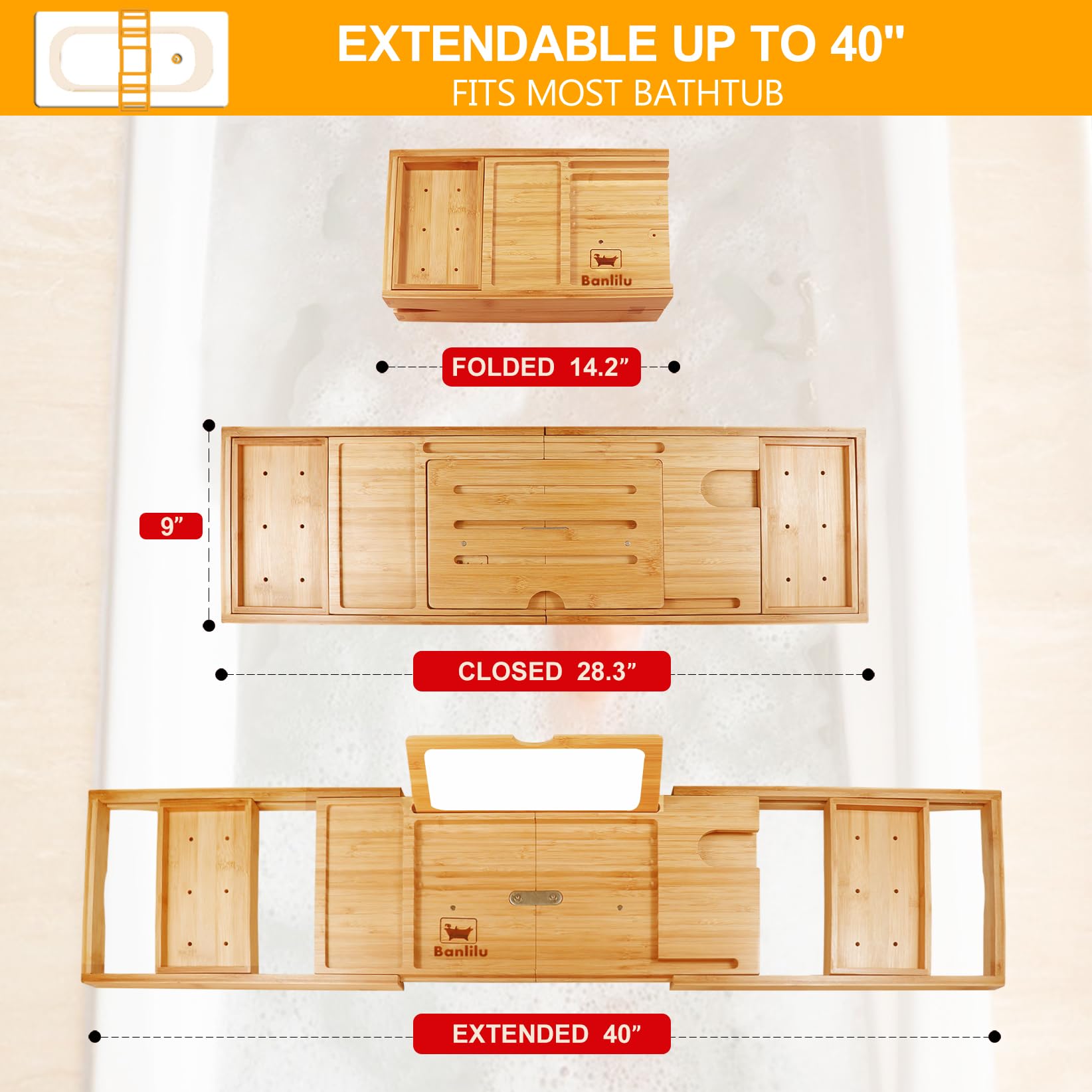 Premium Bathtub Tray Caddy With Makeup Mirror Bamboo - Bath Tray Expandable- Unique House Warming Gifts, New Home, Anniversary &