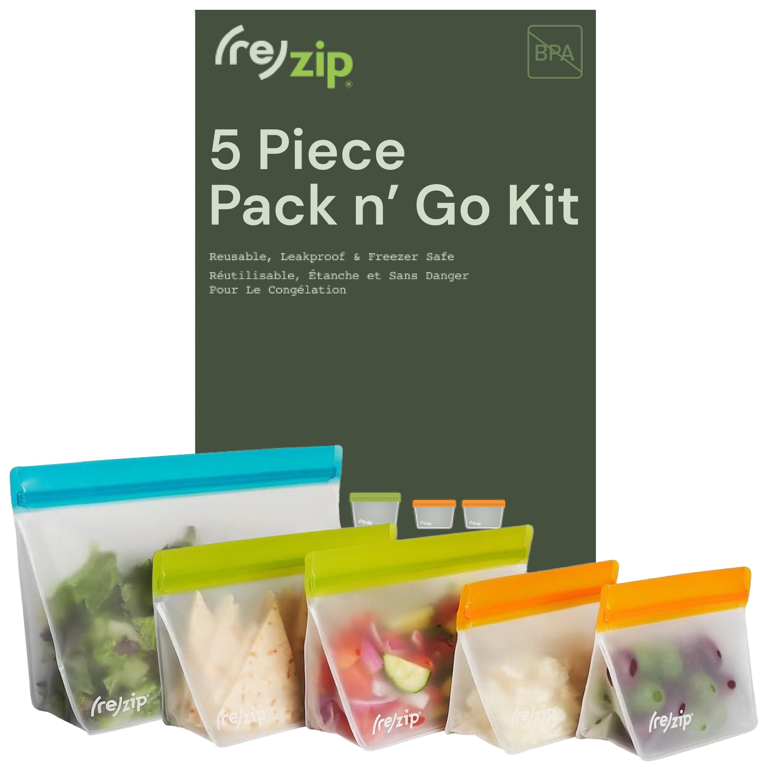 (re) zip 5-Piece Stand-Up Pack n Go Reusable Bag Kit, BPA-Free, Food Grade, Leakproof, Freezer and Dishwasher Safe, Quart (1), 2