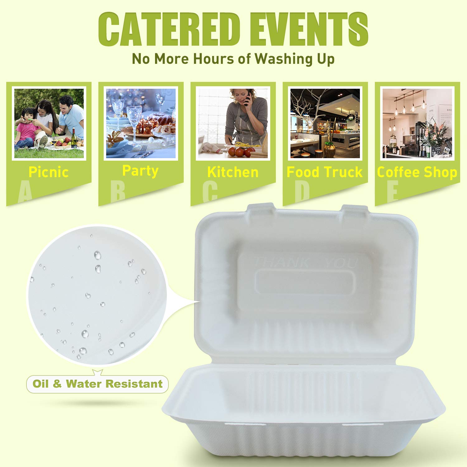 Green Earth 9X6X3 Inch, 125-Count, 1-Compartment, Compostable Clamshell, Natural Bagasse (Sugarcane Fiber), Take-Out Food Boxes
