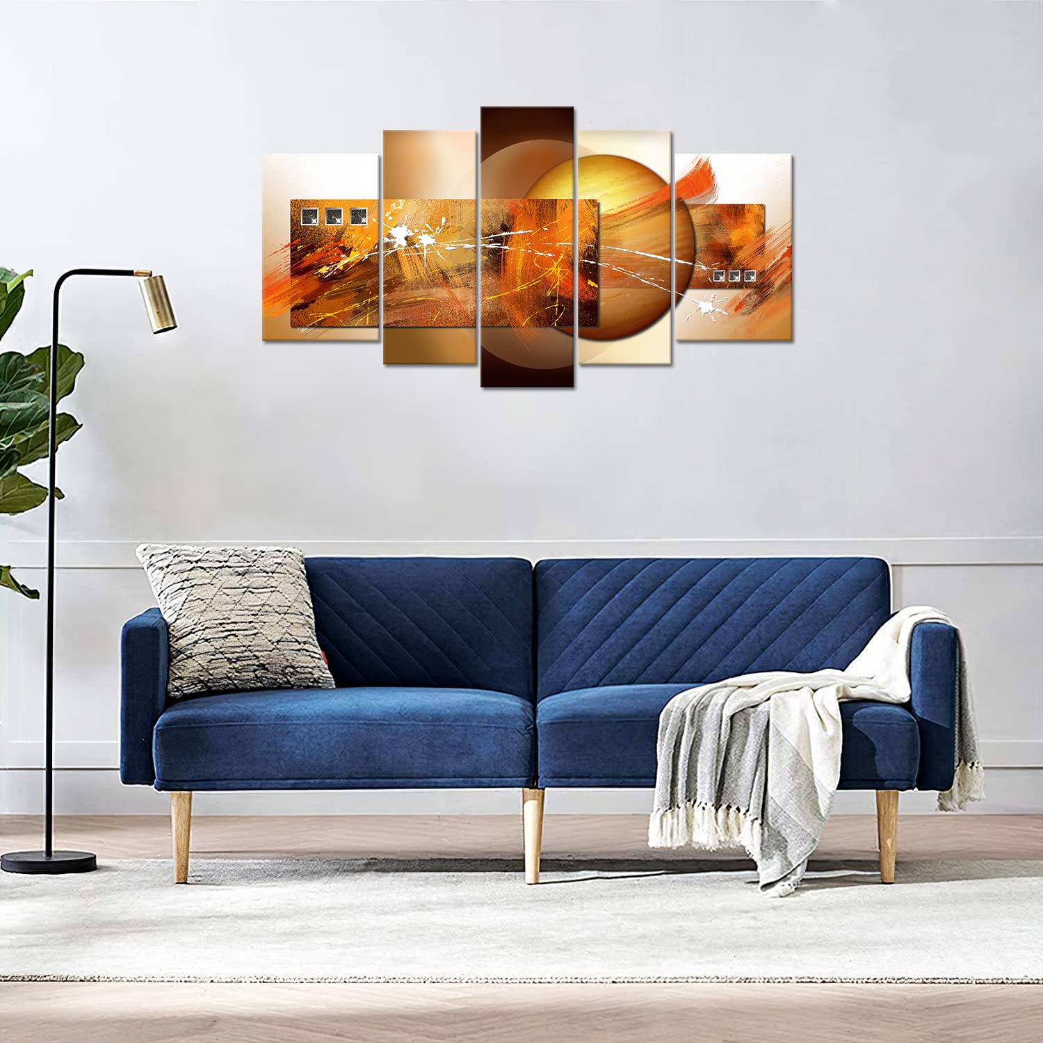 Novup Large Abstract Orange Wall Art, 5 Piece Modern Painting Canvas Print - Contemporary Artwork Picture For Living Room Bedroo