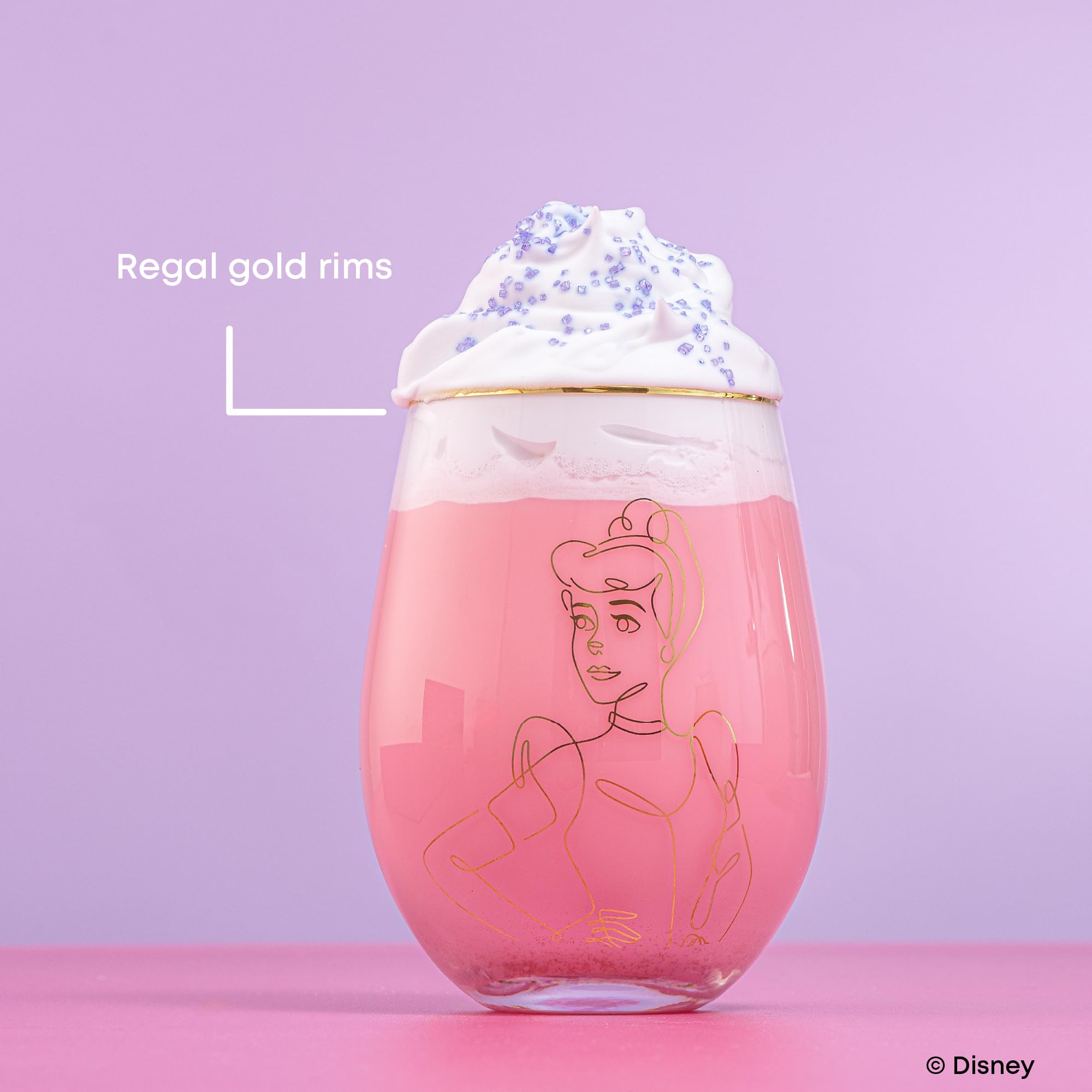 Joyjolt Disney Princess Sketch Stemless Drinking Glasses, 19Oz Glass Cups Ft Princess Jasmine Ariel Belle Cinderella, Disney Pri