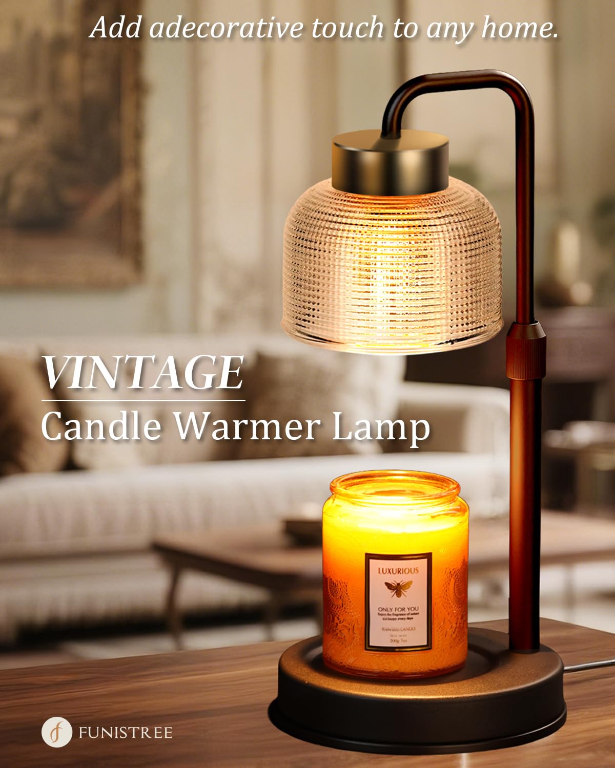 Funistree Candle Warmer Lamp - Dimmable Brightness, Timer, Black & Gold, Glass - Ideal Housewarming & Christmas Gift for Women & Moms