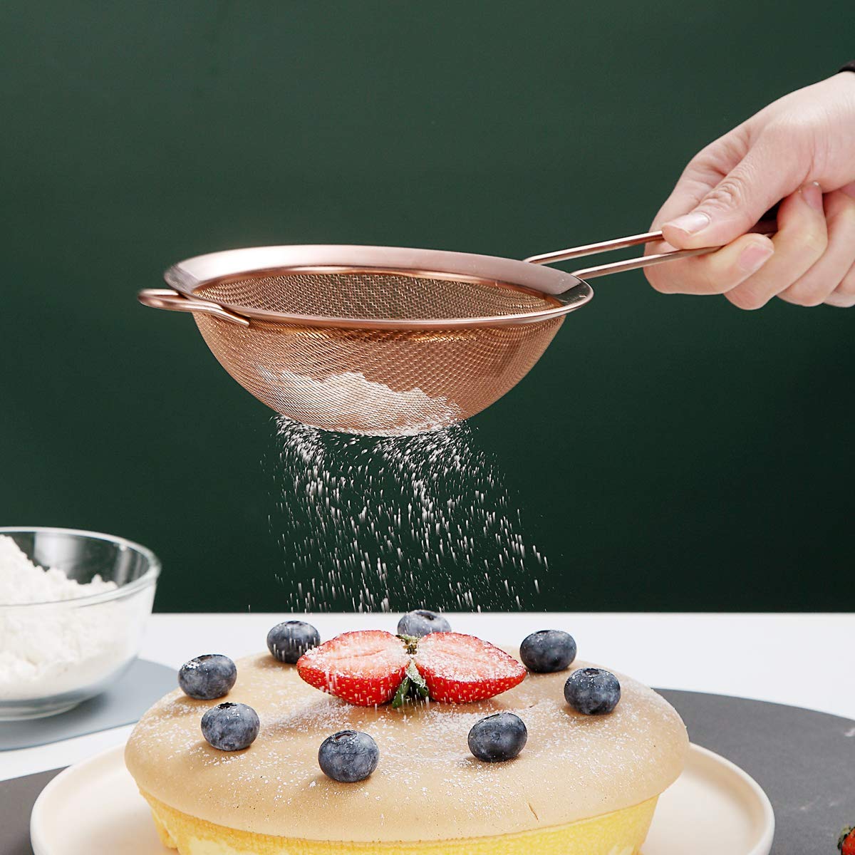 Kyraton Rose Gold Fine Mesh Strainer 3 Pieces Set, Copper Flour Sifter For Baking, Stainless Steel Clander, Matcha Tea Strainer,