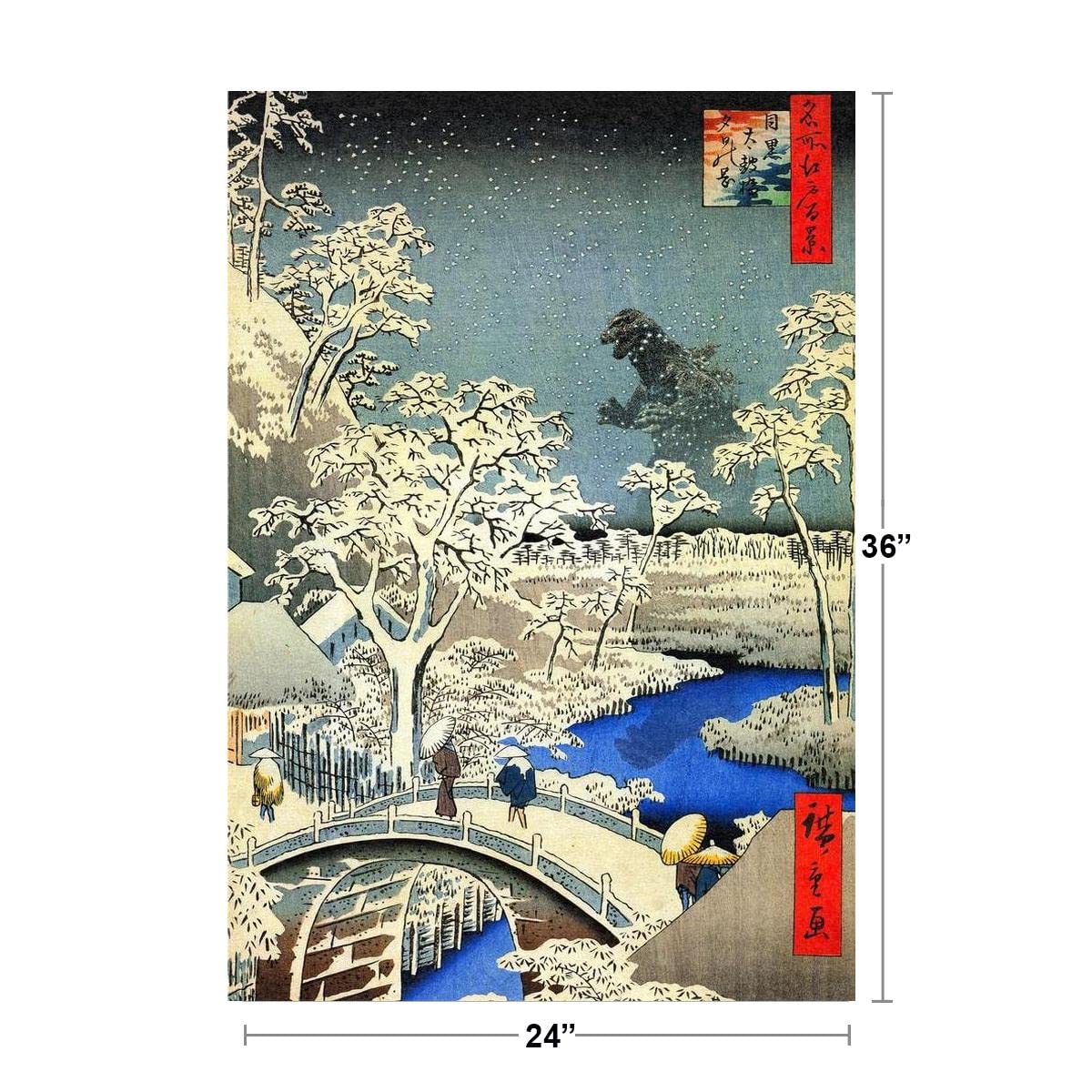 Hiroshige Kaiju Monster At Bridge Funny Poster Meguro Drum Bridge Painting Parody Utagawa Hiroshige Art Humor Cool Wall Art Prin