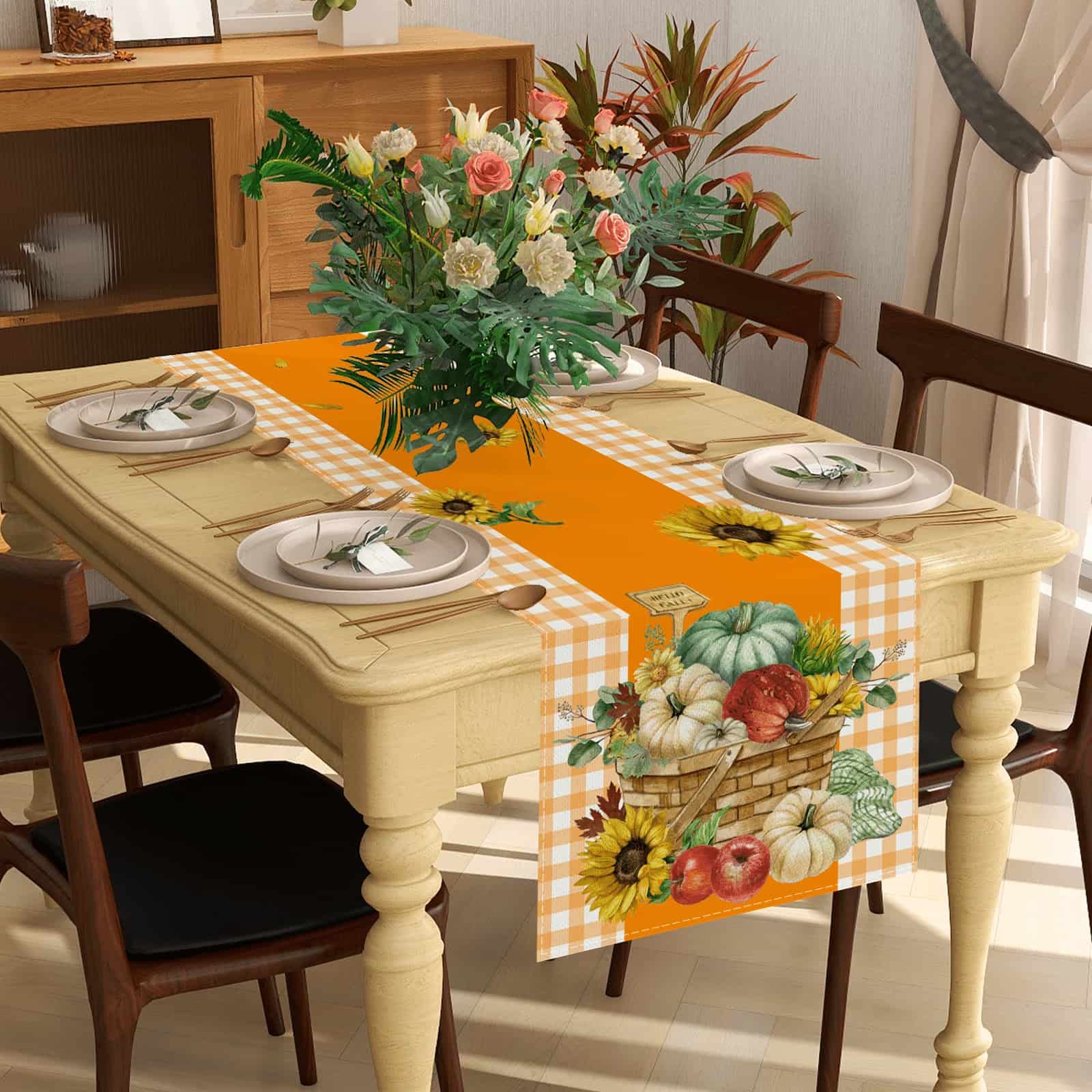 Linen Orange And White Buffalo Check Plaid Pumpkin Sunflower Fall Table Runner Farmhouse Fall Autumn Thanksgiving Kitchen Table