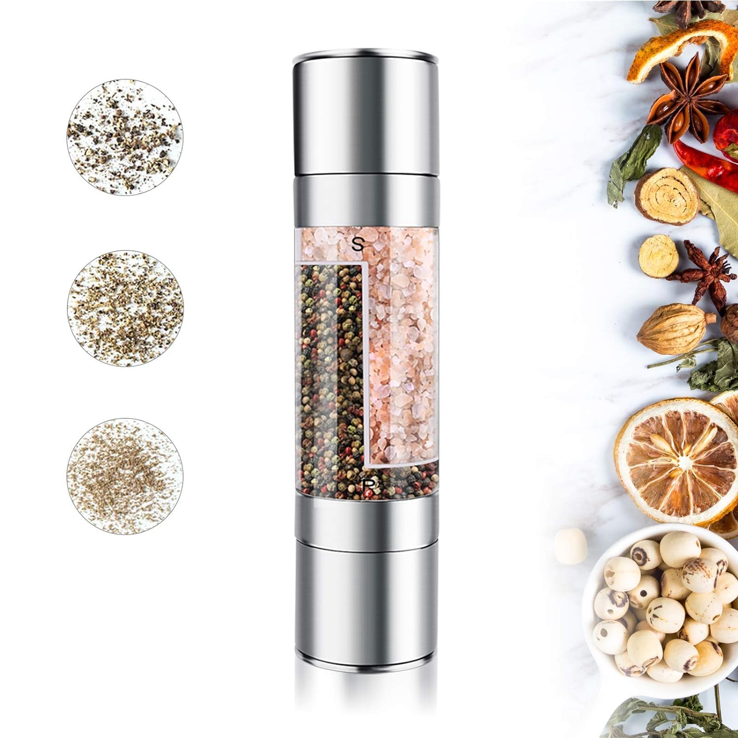 ZEVON Salt and Pepper Grinder  2 in 1 Manual Stainless Steel Salt Pepper Mill Herb Spice Grinder Shakers Refillable with Adjust