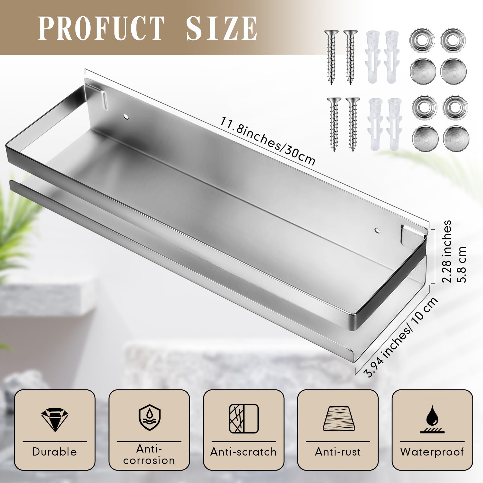 Lallisa 2 Pieces Stainless Steel Shelf Bathroom Shower Floating Shelves Wall Mounted Shower Caddy Basket Shelf Storage Organizer