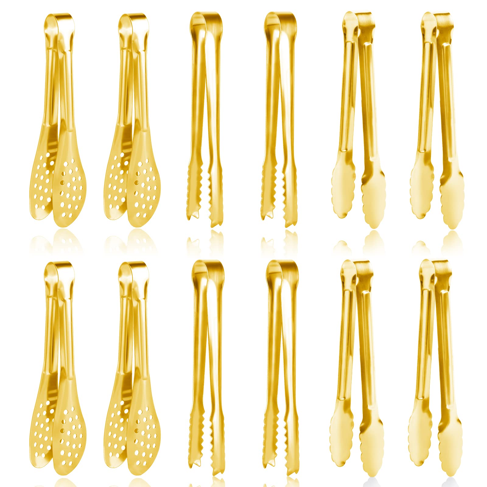 12 Pack Gold Premium Small Serving Tongs, Dmoera Mini Stainless Steel Appetizer Tongs, 5 Inch(12.7Cm)