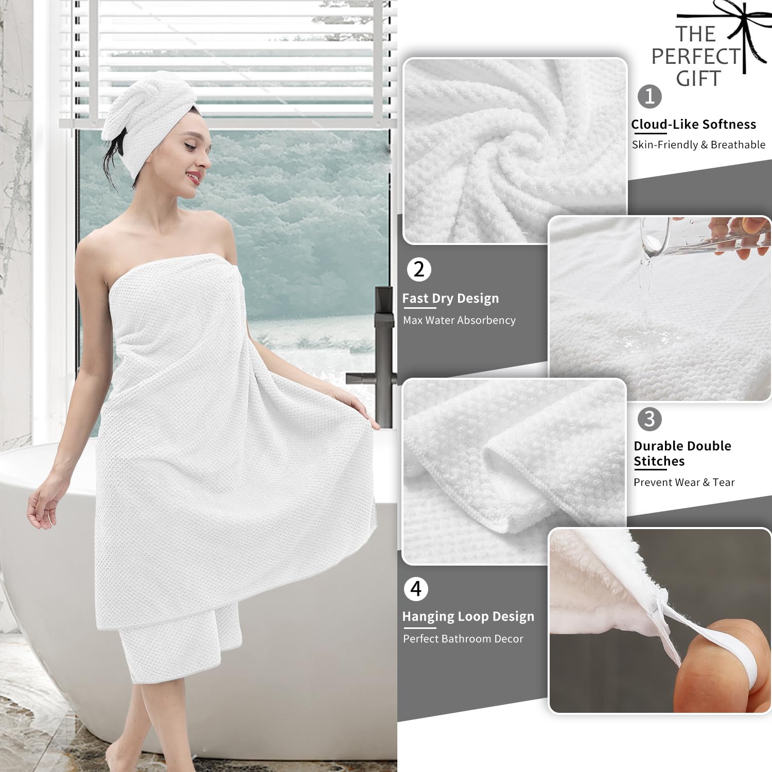 8 Piece Bathroom Towel Set White |2 Oversized Large Bath Towels Sheet,2 Hand Towels And 4 Washcloths| 600Gsm Ultra Soft Luxury P