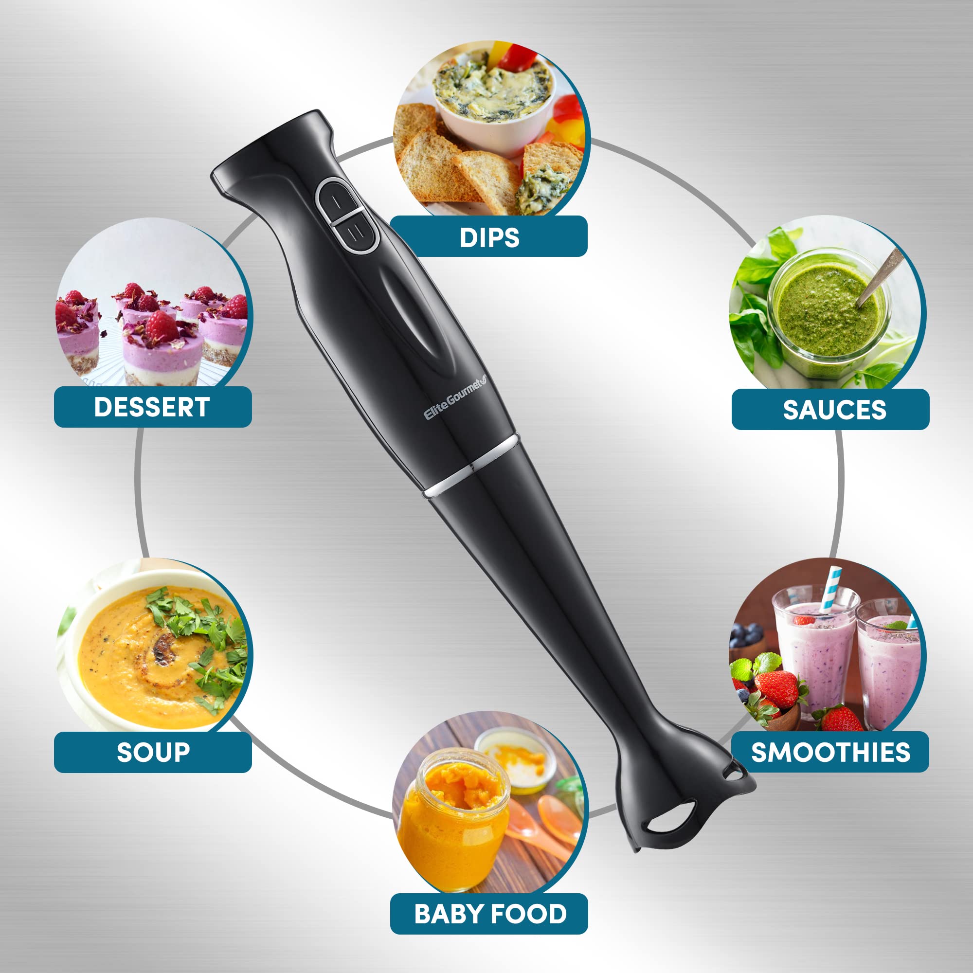 Elite Gourmet Ehb1023 Immersion Hand Blender 300 Watts 2 Speed Mixing With Detachable Blades, Detachable Wand Stick Mixer, Smoot