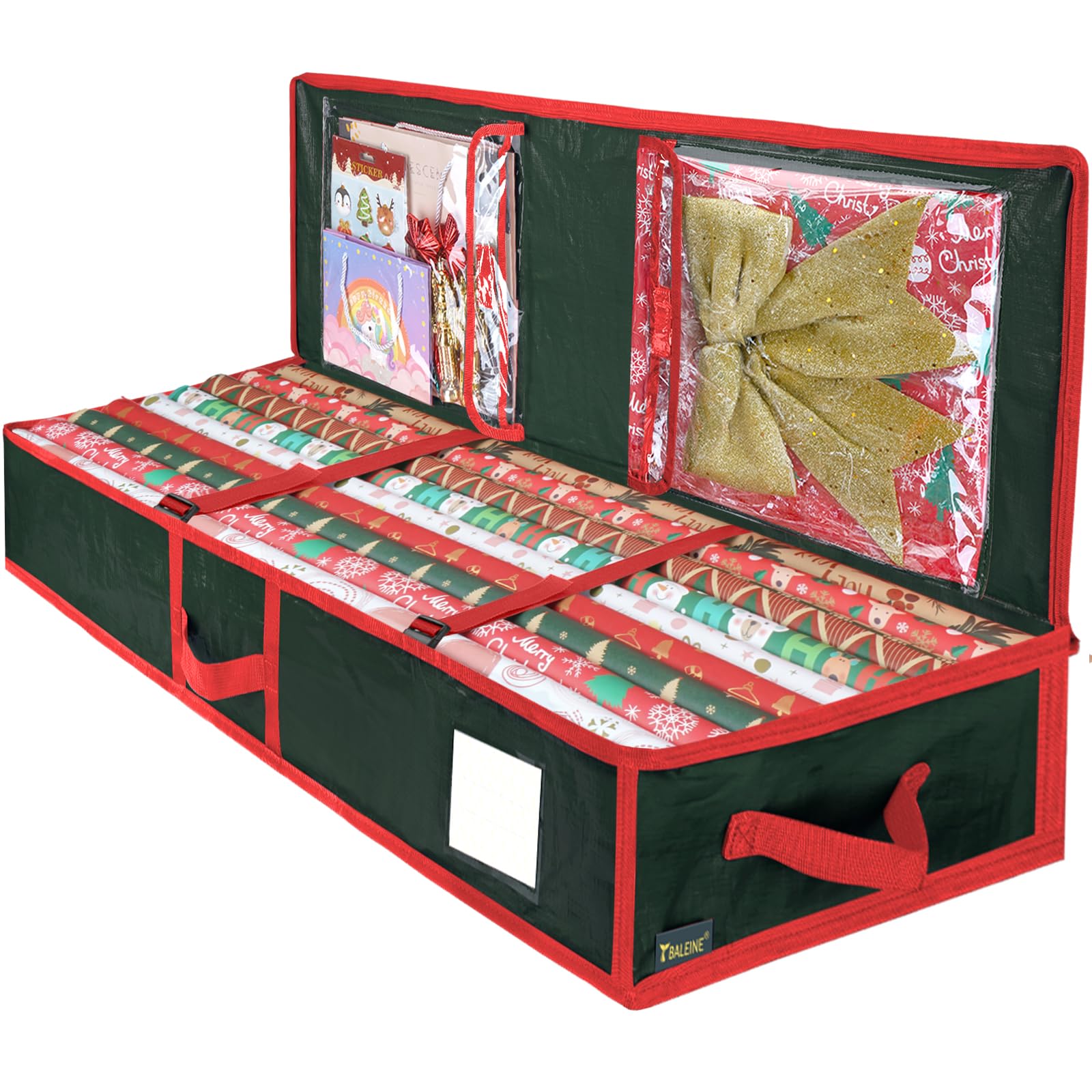 BALEINE SOFT Christmas Wrapping Paper Storage Bag, 40 Durable PE Gift Wrap Storage Bag with Flexible Partitions and Pockets for 