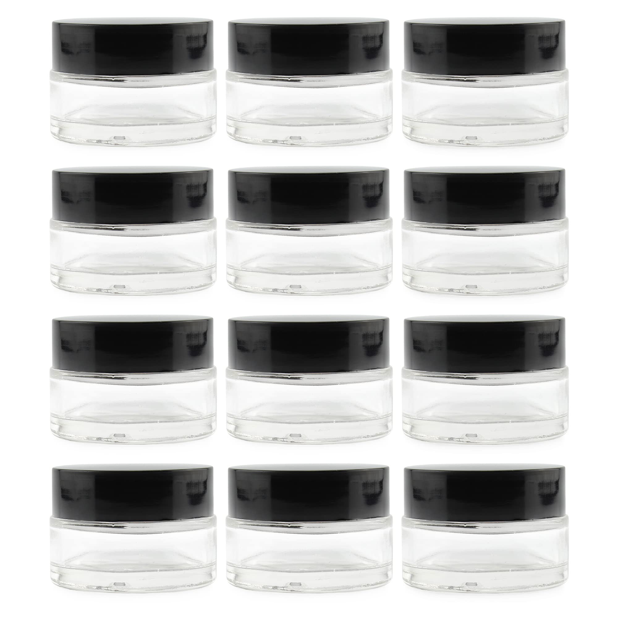 Cornucopia 15-Milliliter Clear Glass Balm Jars (12-Pack); 1/2 Oz Cosmetic Jars With Lined Black Plastic Lids