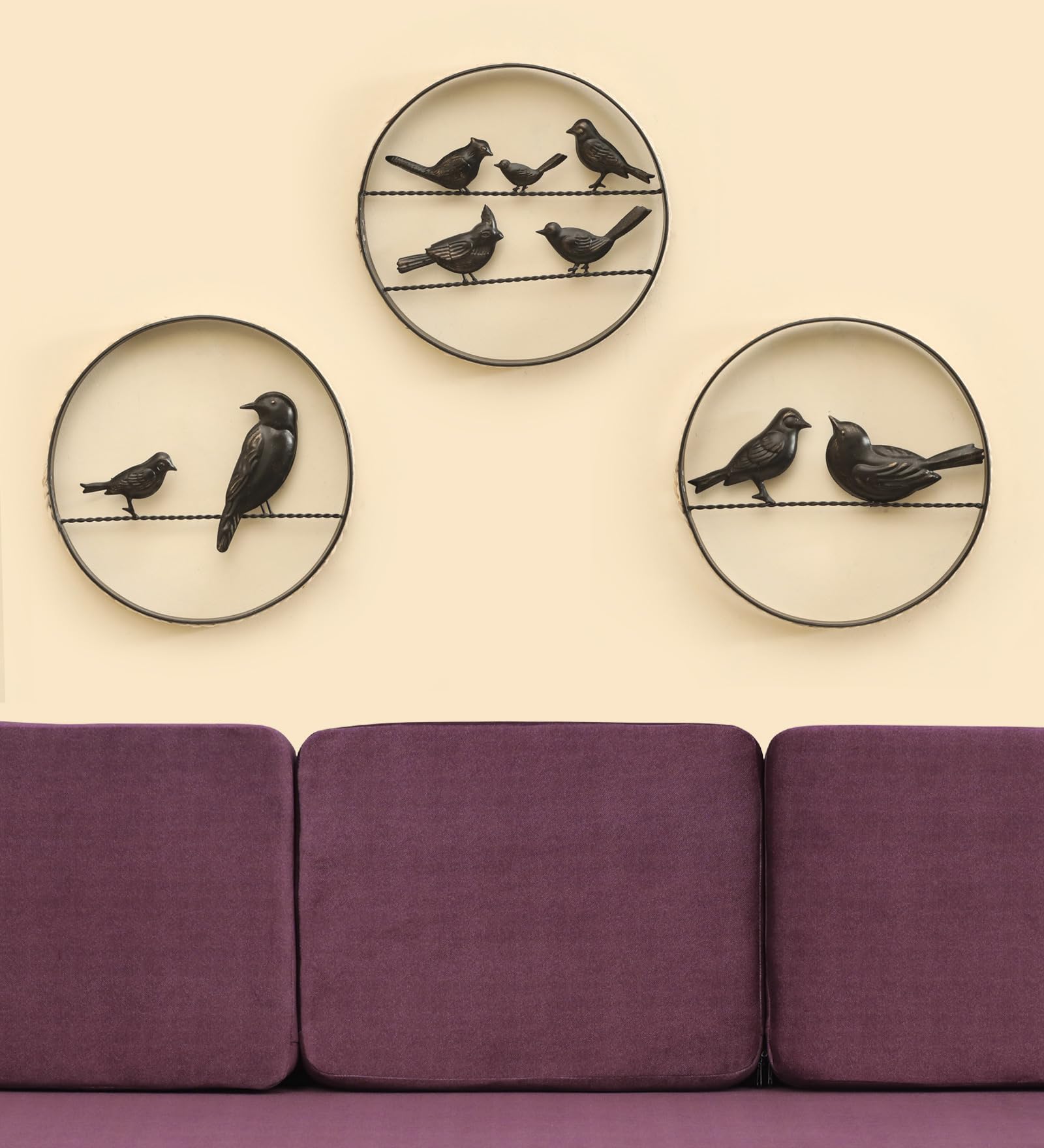 Vedas Bird Dcor With Ranttan Set Of 3 Wall Hanging Decor With Round Frame, Gold Metal Wall Art For Living Room, Office, Home, Ho